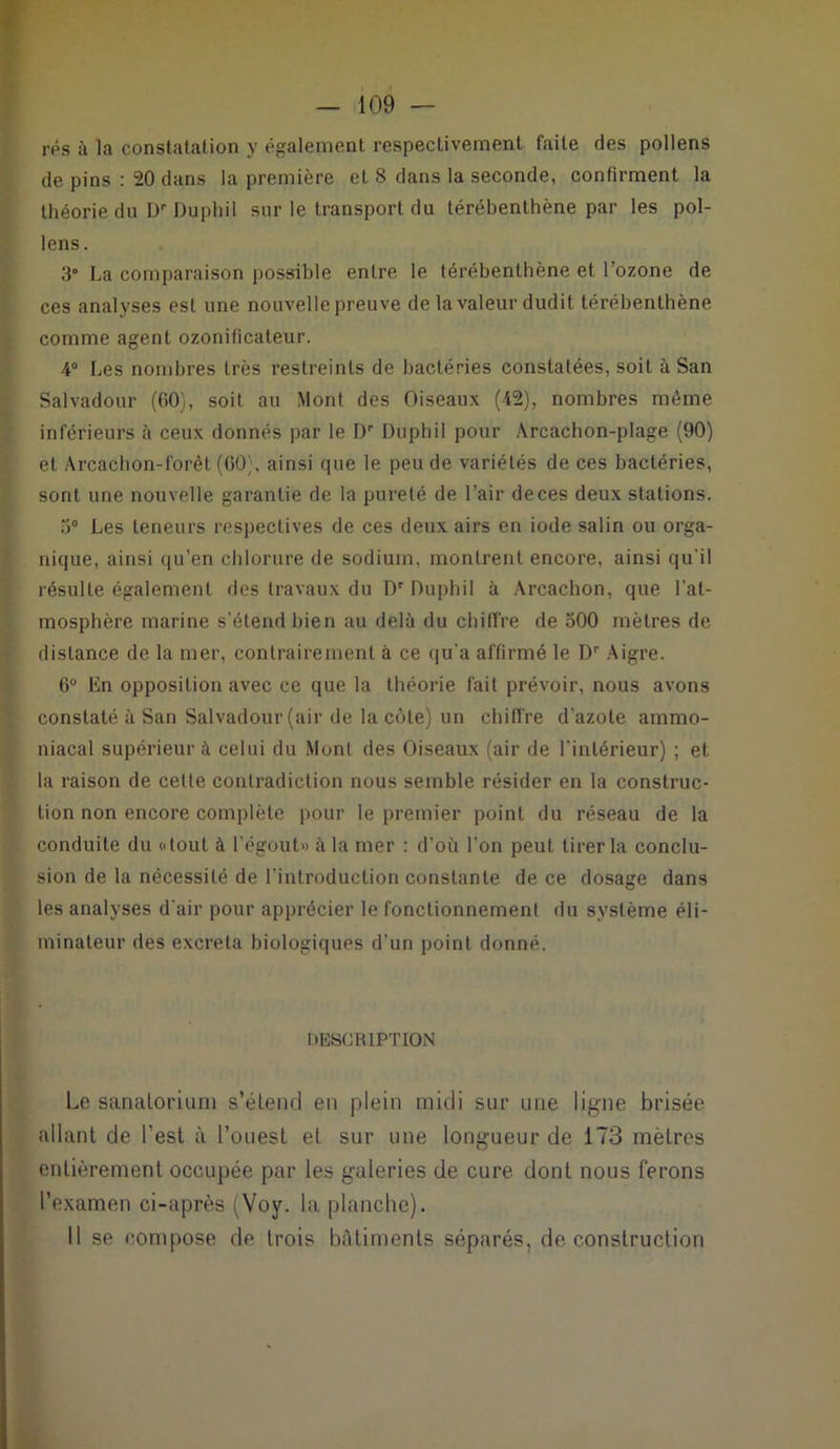 rés à la constatation y également respectivement faite des pollens de pins : 20 dans la première et 8 dans la seconde, confirment la théorie du Dr Duphil sur le transport du térébenthène par les pol- lens. 3° La comparaison possible entre le térébenthène et l’ozone de ces analyses est une nouvelle preuve de la valeur dudit térébenthène comme agent ozonificateur. 4° Les nombres très restreints de bactéries constatées, soit à San Salvadour (00), soit au Mont des Oiseaux (42), nombres même inférieurs à ceux donnés par le Dr Duphil pour Arcachon-plage (90) et Arcachon-forèt (00), ainsi que le peu de variétés de ces bactéries, sont une nouvelle garantie de la pureté de l’air de ces deux stations. 3° Les teneurs respectives de ces deux airs en iode salin ou orga- nique, ainsi qu’en chlorure de sodium, montrent encore, ainsi qu'il résulte également des travaux du Dr Duphil à Arcachon, que l’at- mosphère marine s'étend bien au delà du chiffre de 300 mètres de distance de la mer, contrairement à ce qu'a affirmé le Dr Aigre. 6° En opposition avec ce que la théorie fait prévoir, nous avons constaté à San Salvadour (air de la côte) un chiffre d’azote ammo- niacal supérieur à celui du Mont des Oiseaux (air de l'intérieur) ; et la raison de cette contradiction nous semble résider en la construc- tion non encore complète pour le premier point du réseau de la conduite du «tout à l'égout» à la mer : d'où l’on peut tirer la conclu- sion de la nécessité de l’introduction constante de ce dosage dans les analyses d'air pour apprécier le fonctionnement du système éli- minateur des excreta biologiques d’un point donné. DESCRIPTION Le sanatorium s’étend en plein midi sur une ligne brisée allant de l’est à l’ouest et sur une longueur de 173 mètres entièrement occupée par les galeries de cure dont nous ferons l’examen ci-après (Voy. la planche). Il se compose de trois batiments séparés, de construction