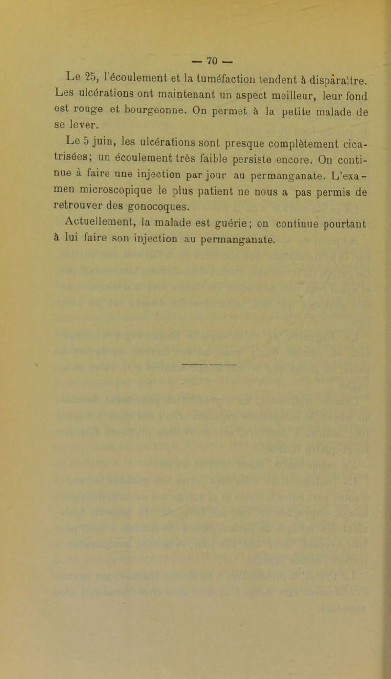 L© 25, 1 écoulement et la tuméfaction tendent à disparaître. Les ulcérations ont maintenant un aspect meilleur, leur fond est rouge et bourgeonne. On permet à la petite malade de se lever. Le 5 juin, les ulcérations sont presque complètement cica- trisées; un écoulement très laible persiste encore. On conti- nue à faire une injection par jour au permanganate. L’exa- men microscopique le plus patient ne nous a pas permis de retrouver des gonocoques. Actuellement, la malade est guérie; on continue pourtant à lui faire son injection au permanganate.