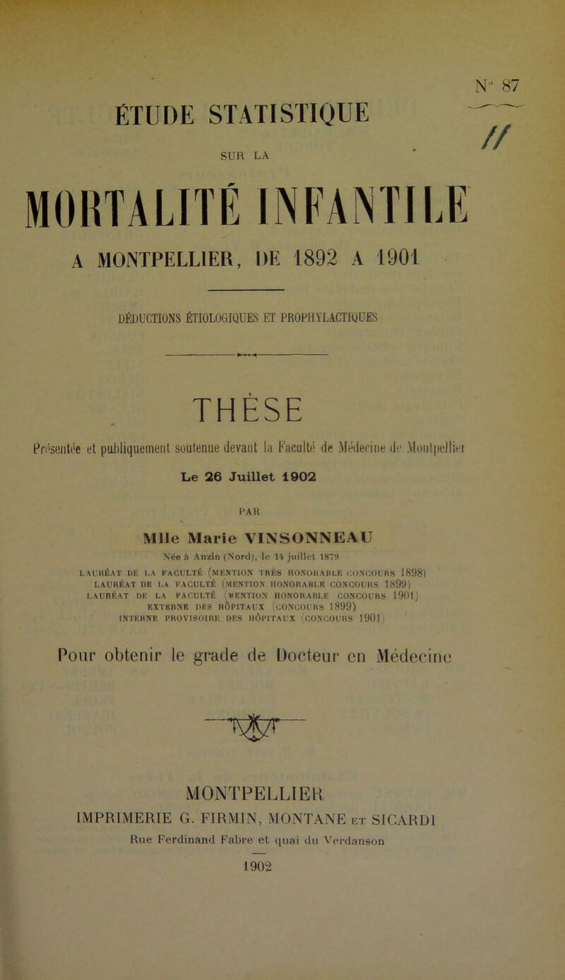 ETUDE STATISTIQUE SUR LA MORTALITÉ INFANTILE A MONTPELLIER, DE 1892 A 1901 DÉDUCTIONS ÉTIOLOGIQUES ET PROPHYLACTIQUES THÈSE Présentée et publiquement soutenue devant la Faculté de Médecine de Montpellier Le 26 Juillet 1902 PAH Mlle Marie VINSONNEAU Née à Anzin (Nord), le lé juillet 187!» LAURÉAT DE LA FACULTÉ (MENTION TRÈS HONORABLE CONCOURS 1898) LAURÉAT DE LA FACULTÉ (.MENTION HONORABLE CONCOURS 1899) LAURÉAT DE LA FACULTÉ (.MENTION HONORABLE CONCOURS 1901) EXTERNE DES HÔPITAUX (CONCOURS 1899) INTERNE PROVISOIRE DES HÔPITAUX CONCOURS 1901 Pour obtenir le grade de Docteur en Médecine MONTPELLIER, IMPRIMERIE G. FI R MI N, MONTANE et SI GARD 1 Rue Ferdinand Fabre et quai du Verdanson 1902