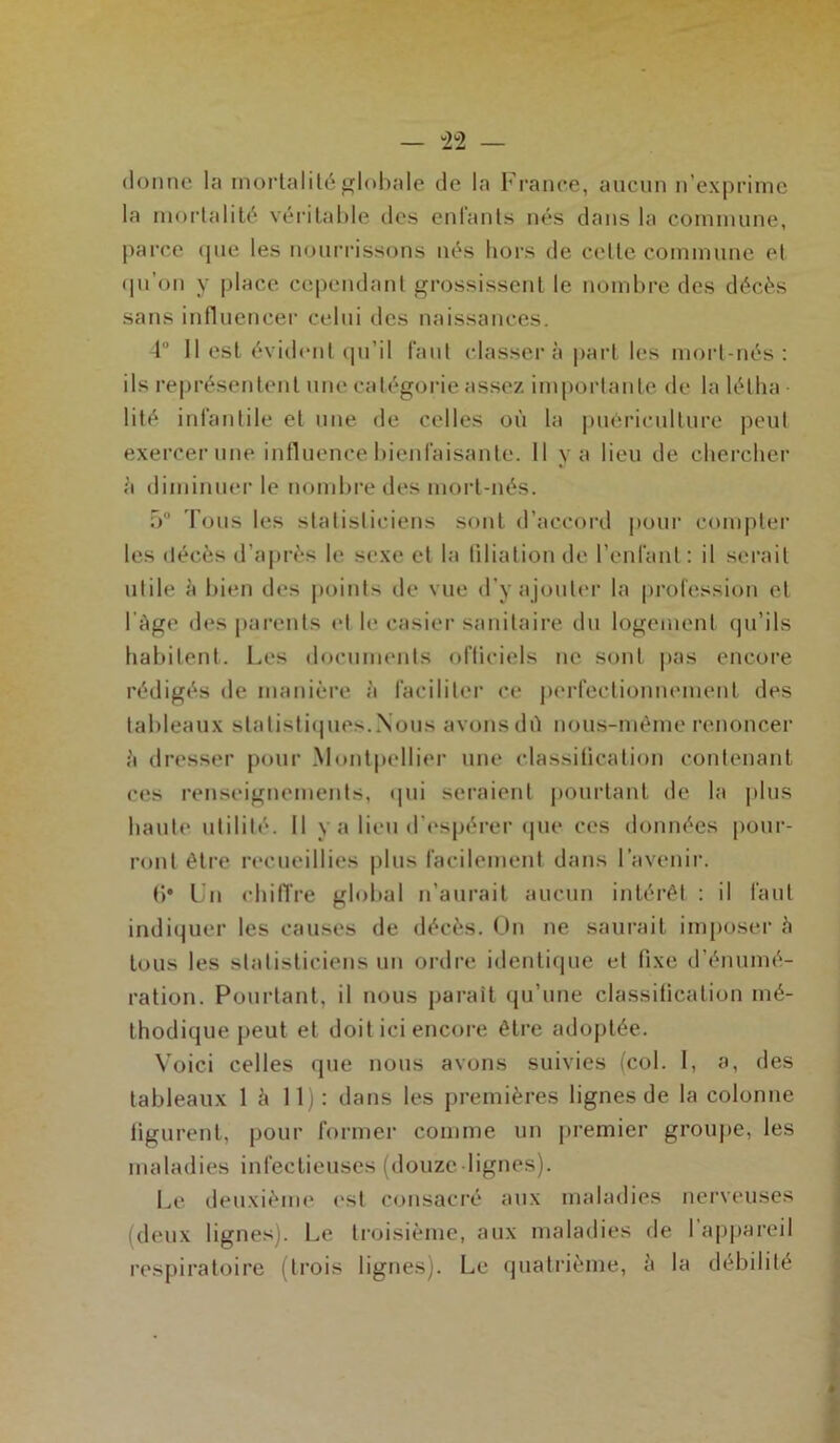 donne la mortalité globale de la France, aucun n’exprime la mortalité véritable des enfants nés dans la commune, parce que les nourrissons nés hors de celle commune et qu’on y place cependant grossissent le nombre des décès sans influencer celui des naissances. 4° 11 est évident qu’il faut classer à part les mort-nés: ils représentent une catégorie assez importante de la létlin lité infantile et une de celles où la puériculture peut exercer une influence bienfaisante. 11 y a lieu de chercher à diminuer le nombre des mort-nés. 5° Tous les statisticiens sont d’accord pour compter les décès d’après le sexe et la filiation de l’enfant : il serait utile à bien des points de vue d’y ajouter la profession et l'àge des parents et le casier sanitaire du logement qu’ils habitent. Les documents officiels ne sont pas encore rédigés de manière à faciliter ce perfectionnement des tableaux statistiques.Nous avons dù nous-même renoncer à dresser pour Montpellier une elassilication contenant ces renseignements, qui seraient pourtant de la plus baule utilité. Il y a lieu d'espérer que ces données pour- ront être recueillies plus facilement dans l’avenir. (')• Un chiffre global n’aurait aucun intérêt : il faut indiquer les causes de décès. On ne saurait imposer à tous les statisticiens un ordre identique et fixe d’énumé- ration. Pourtant, il nous paraît qu’une classification mé- thodique peut et doit ici encore être adoptée. Voici celles que nous avons suivies (col. I, a, des tableaux 1 h 11): dans les premières lignes de la colonne ligurent, pour former comme un premier groupe, les maladies infectieuses (douze lignes). Le deuxième est consacré aux maladies nerveuses (deux lignes). Le troisième, aux maladies de 1 appareil respiratoire (trois lignes). Le quatrième, a la débilité