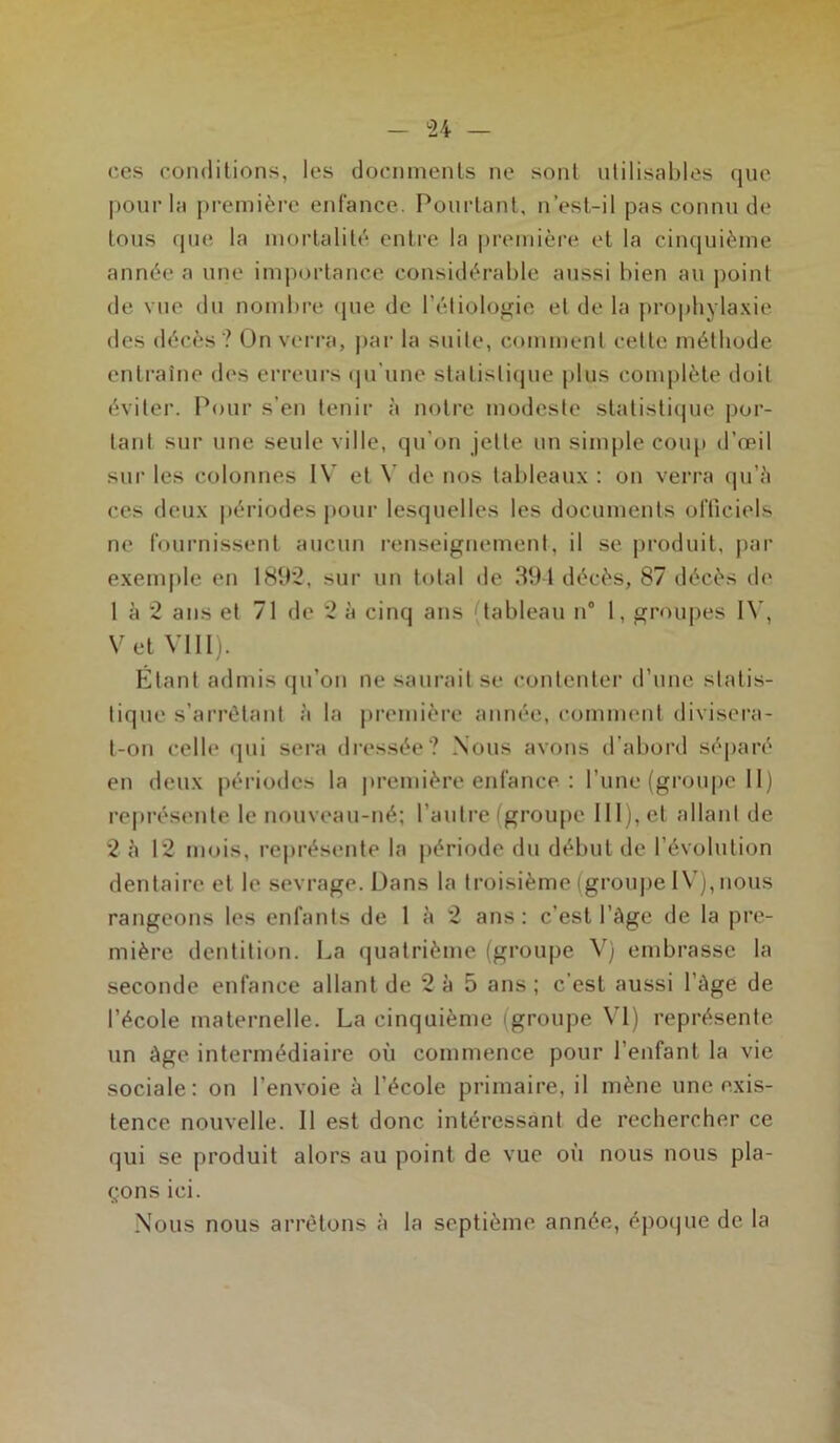 ces conditions, les documents ne sont utilisables que pour la première enfance. Pourtant, n’est-il pas connu de tous que la mortalité entre la première et la cinquième année a une importance considérable aussi bien au point de vue du nombre que de l’étiologie et de la prophylaxie des décès? On verra, par la suite, comment celle méthode entraîne des erreurs qu’une statistique plus complète doit éviter. Pour s’en tenir à notre modeste statistique por- tant sur une seule ville, qu’on jette un simple coup d’œil sur les colonnes IV et Y de nos tableaux : on verra qu’à ces deux périodes pour lesquelles les documents officiels ne fournissent aucun renseignement, il se produit, par exemple en 1892, sur un total de 394 décès, 87 décès de 1 à 2 ans et 71 de 2 à cinq ans (tableau n° 1, groupes IV, V et VIII). Étant admis qu’on ne saurait se contenter d’une statis- tique s’arrêtant à la première année, comment divisera- t-on celle qui sera dressée? Nous avons d’abord séparé en deux périodes la première enfance : l’une (groupe 11) représente le nouveau-né; l’autre (groupe 111), et allant de 2 à 12 mois, représente la période du début de l’évolution dentaire et le sevrage. Dans la troisième (groupe IV), nous rangeons les enfants de 1 à 2 ans: c’est l’âge de la pre- mière dentition. La quatrième (groupe V) embrasse la seconde enfance allant de 2 à 5 ans; c'est aussi l’àge de l’école maternelle. La cinquième (groupe VI) représente un Age intermédiaire où commence pour l’enfant la vie sociale: on l’envoie à l’école primaire, il mène une exis- tence nouvelle. Il est donc intéressant de rechercher ce qui se produit alors au point de vue où nous nous pla- çons ici. Nous nous arrêtons à la septième année, époque de la