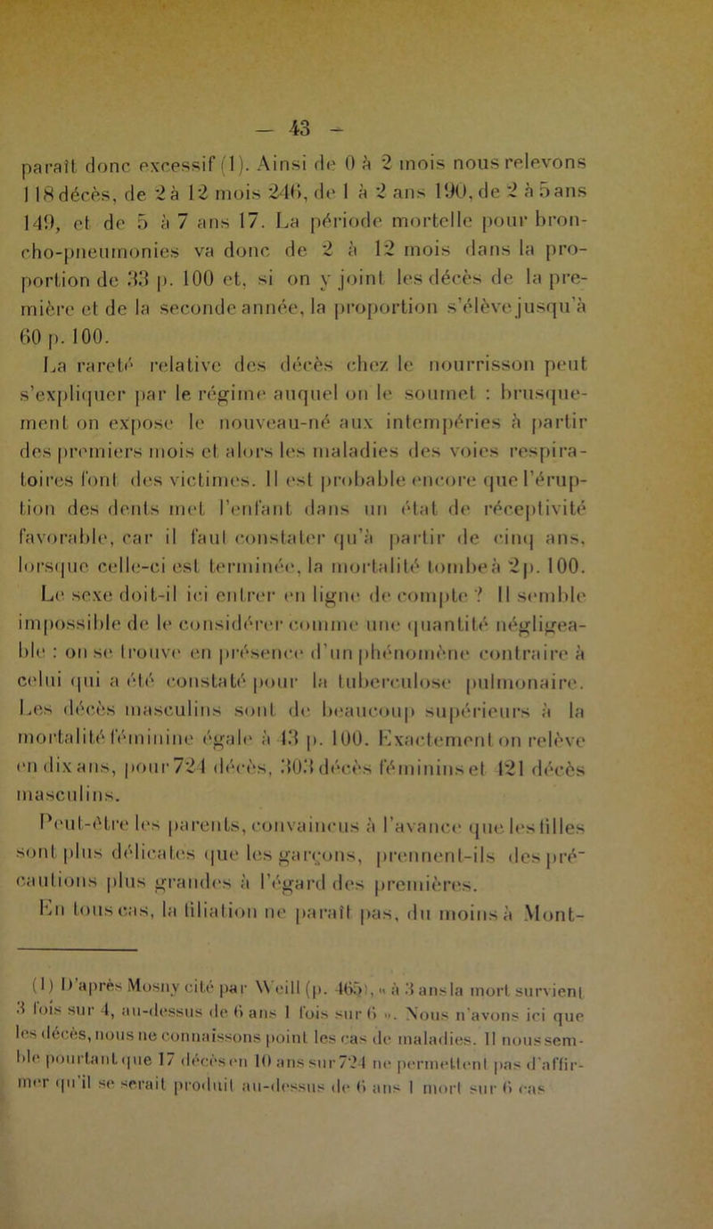paraît donc excessif (1). Ainsi de 0 à 2 mois nous relevons 118 décès, de 2 à 12 mois 240, de 1 à 2 ans 190, de 2 à 5ans 149, et de 5 à 7 ans 17. La période mortelle pour bron- cho-pneumonies va donc de 2 à 12 mois dans la pro- portion de 33 p. 100 et, si on y joint les décès de la pre- mière et de la seconde année, la proportion s’élève jusqu’à 60 p.100. La rareté relative des décès chez le nourrisson peut s’expliquer par le régime auquel on le soumet : brusque- ment on expose le nouveau-né aux intempéries à partir des premiers mois et alors les maladies des voies respira- toires font des victimes. Il est probable encore que l’érup- tion des dents met l’enfant dans un état de réceptivité favorable, car il faut constater qu’à partir de cinq ans, lorsque celle-ci est terminée, la mortalité tombeà 2p. 100. Le sexe doit-il ici entrer en ligne de compte ? Il semble impossible de le considérer comme une quantité négligea- ble : on se trouve en présence d’un phénomène contraire à celui (pii a été constaté pour la tuberculose pulmonaire. Les décès masculins sont de beaucoup supérieurs à la mortalité léminine égale à 43 p. 100. Exactement on relève (Mi dix ans, pour724 décès, 303 décès féminins et 121 décès masculins. Peut-être les parents, convaincus à l’avance que les tilles sont plus délicates que les garçons, prennent-ils des pré- cautions plus grandes à l’égard des premières. En tous cas, la filiation ne paraît pas, du moins à Mont- (1) I) après Mosny cité par \Yeill(p. 465), « à .4 ans la mort survient 6 lois sur 4, au-dessus do 6 ans 1 lois sur 6 ». Nous n avons ici que les décès, nous ne connaissons point les cas de maladies. 11 noussem- lilc pourtant que 17 déçèsen 10 ans sur 7\?4 ne pèrmeltont pas d'affir- mer qu il se serait produit au-dessus do 6 ans 1 mort sur 6 cas