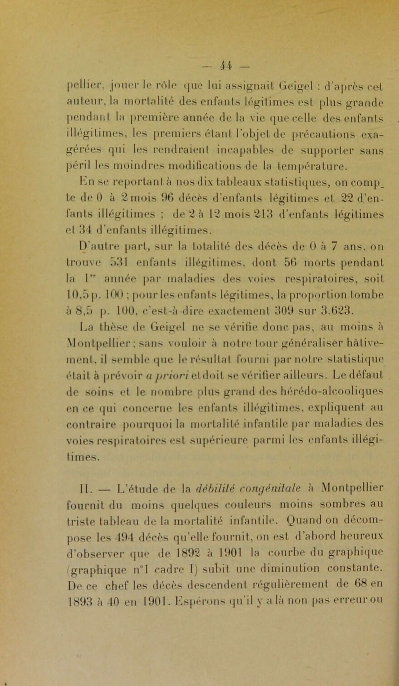 - H pellier, jouer le rôle que lui assignait Geigel : d’après re-L auteur, la mortalité des enfants légitimes esl plus grande pendant la première année de la vie que celle des enfants illégitimes, les premiers étant l’objet de précautions exa- gérées qui les rendraient incapables de supporter sans péril les moindres modifications de la température. En se reportant à nos dix tableaux statistiques, oncomp. te de 0 à 2 mois 96 décès d’enfants légitimes et 22 d’en- fants illégitimes ; de 2 à 12 mois 213 d’enfants légitimes et 34 d’enfants illégitimes. D'autre part, sur la totalité des décès de 0 à 7 ans, on trouve 531 enfants illégitimes, dont 5<‘> morts pendant la 1 année par maladies des voies respiratoires, soit 10,5 p. 100 ; pour les enfants légitimes, la proportion tombe à 8,5 p. 100, c’est-à dire exactement 309 sur 3.623. La thèse de Geigel ne se vérifie donc pas, au moins à Montpellier ; sans vouloir à notre tour généraliser hâtive- ment, il semble «pie le résultat fourni par notre statistique était à prévoir o priori et doit se vérifier ailleurs. Le défaut de soins et le nombre plus grand des hérédo-alcooliques en ce qui concerne les enfants illégitimes, expliquent au contraire pourquoi la mortalité infantile par maladies des voies respiratoires est supérieure parmi les enfants illégi- times. II. — L’étude de la débilité congénitale à Montpellier fournit du moins quelques couleurs moins sombres au triste tableau de la mortalité infantile. Quand on décom- pose les 494 décès qu’elle fournit, on est d abord heureux d’observer que de 1892 à 1901 la courbe du graphique (graphique n°l cadre I) subit une diminution constante. De ce chef les décès descendent régulièrement de 68 en 1893 à 10 en 1901. Espérons qu’il y a là non pas erreur ou