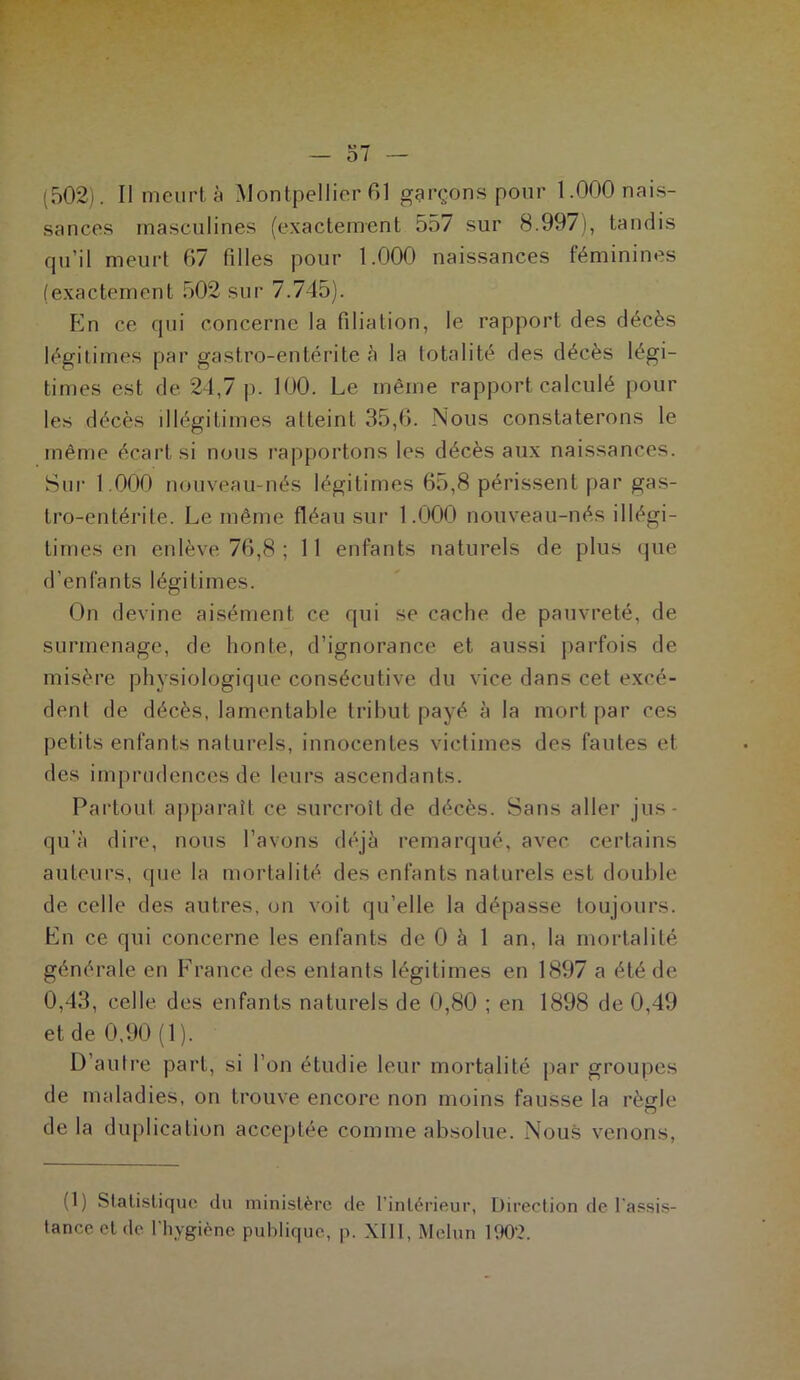 - 37 — (502). Il meurt à Montpellier 61 garçons pour 1.000 nais- sances masculines (exactement 557 sur 8.997), tandis qu’il meurt 67 filles pour 1.000 naissances féminines (exactement 502 sur 7.745). En ce qui concerne la filiation, le rapport des décès légitimes par gastro-entérite à la totalité des décès légi- times est de 24,7 p. 100. Le même rapport calculé pour les décès illégitimes atteint 35,6. Nous constaterons le même écart si nous rapportons les décès aux naissances. Sur 1.000 nouveau-nés légitimes 65,8 périssent par gas- tro-entérite. Le même fléau sur 1.000 nouveau-nés illégi- times en enlève 76,8 ; 11 enfants naturels de plus que d’enfants légitimes. On devine aisément ce qui se cache de pauvreté, de surmenage, de honte, d’ignorance et aussi parfois de misère physiologique consécutive du vice dans cet excé- dent de décès, lamentable tribut payé à la mort par ces petits enfants naturels, innocentes victimes des fautes et des imprudences de leurs ascendants. Partout apparaît ce surcroît de décès. Sans aller jus- qu’à dire, nous l’avons déjà remarqué, avec certains auteurs, que la mortalité des enfants naturels est double de celle des autres, on voit qu’elle la dépasse toujours. En ce qui concerne les enfants de 0 à 1 an, la mortalité générale en France des entants légitimes en 1897 a été de 0,43, celle des enfants naturels de 0,80 ; en 1898 de 0,49 et de 0,90 (1 ). D’autre part, si l’on étudie leur mortalité par groupes de maladies, on trouve encore non moins fausse la règle delà duplication acceptée comme absolue. Nous venons, (1) Statistique du ministère de l’intérieur, Direction de l'assis- tance et de l'hygiène publique, p. XIII, Melun 190‘2.