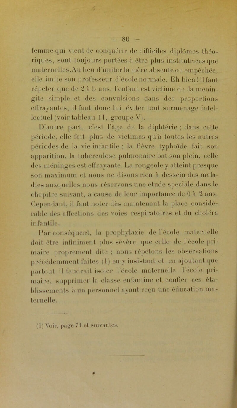 femme qui vient de conquérir de difficiles diplômes théo- riques, sont toujours portées h être plus institutrices que maternelles.Au lieu d’imiter la mère absente ou empêchée, elle imite son professeur d’école normale. Eh bien! il faut répéter que de 2 à 5 ans, l'enfant est victime de la ménin- gite simple et des convulsions dans des proportions effrayantes, il faut donc lui éviter tout surmenage intel- lectuel (voir tableau 1 1, groupe Y . D’autre part, c’est l’àge de la diphtérie ; dans celle période, elle fait plus de victimes qu’à toutes les autres périodes de la vie infantile ; la fièvre typhoïde fait son apparition, la tuberculose pulmonaire bat son plein, celle des méninges est effrayante. La rougeole y atteint presque son maximum et nous ne disons rien à dessein des mala- dies auxquelles nous réservons une élude spéciale dans le chapitre suivant, à cause de leur importance de 0 à 2 ans. Dépendant, il faut noter dès maintenant la place considé- rable des affections des voies respiratoires et du choléra infantile. Par conséquent, la prophylaxie de l’école maternelle doit être infiniment plus sévère que celle de l’école pri- maire' proprement dite ; nous répétons les observations précédemment faites (1) eu y insistant et en ajoutant que partout il faudrait isoler l'école maternelle, I école pri- maire, supprimer la classe enlantine et. confier ces eta- blissements à un personnel ayant reçu une éducation ma- ternelle. (1) Voir, page 74 et suivantes.