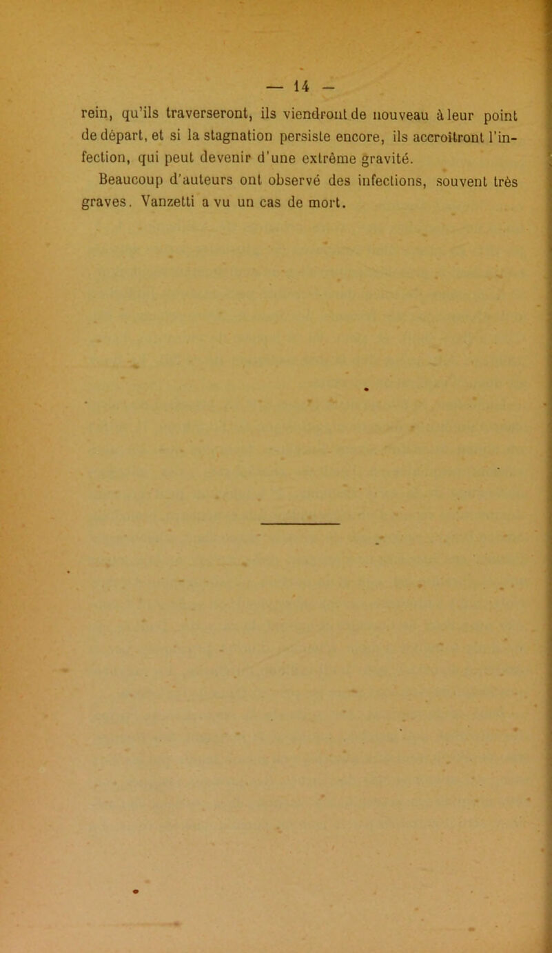 rein, qu’ils traverseront, ils viendront de nouveau à leur point de départ, et si la stagnation persiste encore, ils accroîtront l’in- fection, qui peut devenir d’une extrême gravité. Beaucoup d’auteurs ont observé des infections, souvent très graves. Vanzetti a vu un cas de mort.