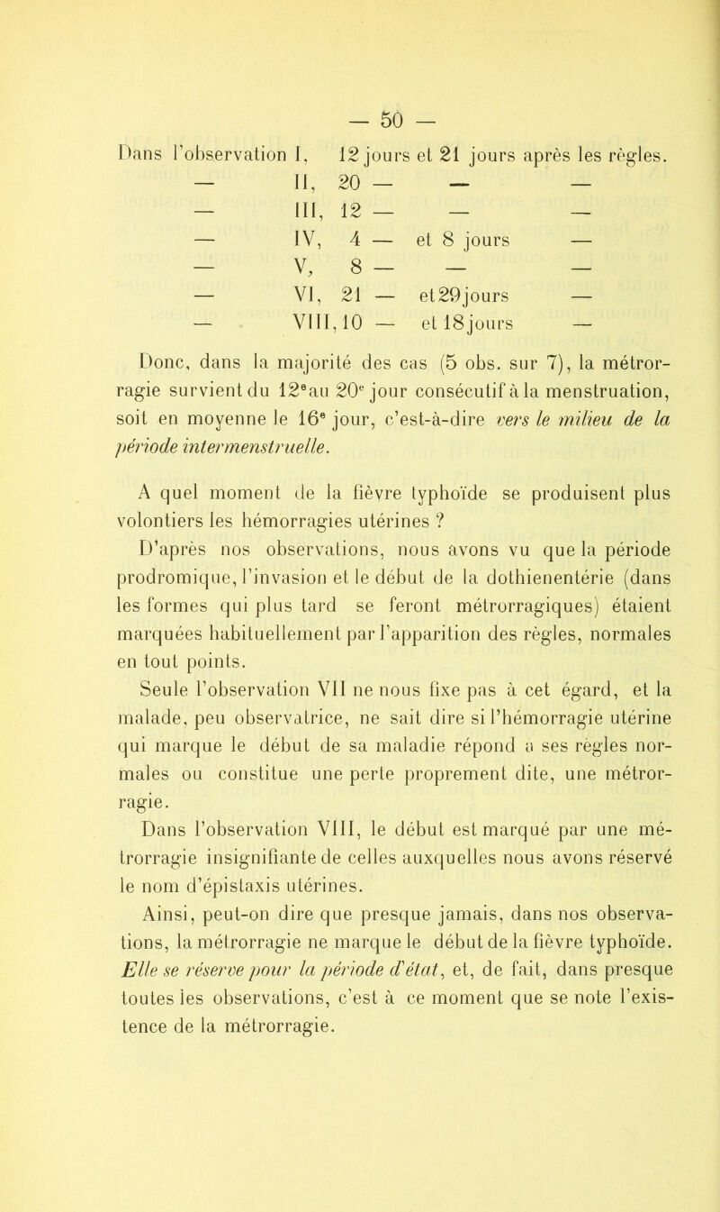 Dans l’observation I, 12 jours et 21 jours après les règles. — II, 20 — — — _ III, 12 — — — — IV, 4 — et 8 jours — - V> 8 — — - — VI, 21 — et29jours — — VIII, 10 — et 18jours —• Donc, dans la majorité des cas (5 obs. sur 7), la métror- ragie survient du 12eau 20e jour consécutif à la menstruation, soit en moyenne le 16e jour, c’est-à-dire vers le milieu de la période intermenstruelle. A quel moment de la fièvre typhoïde se produisent plus volontiers les hémorragies utérines ? D’après nos observations, nous avons vu que la période prodromique, l’invasion et le début de la dothienentérie (dans les formes qui plus tard se feront métrorragiques) étaient marquées habituellement par l’apparition des règles, normales en tout points. Seule l’observation VII ne nous fixe pas à cet égard, et la malade, peu observatrice, ne sait dire si l’hémorragie utérine qui marque le début de sa maladie répond à ses règles nor- males ou constitue une perte proprement dite, une métror- ragie. Dans l’observation VIII, le début est marqué par une mé- trorragie insignifiante de celles auxquelles nous avons réservé le nom d’épistaxis utérines. Ainsi, peut-on dire que presque jamais, dans nos observa- tions, la métrorragie ne marque le début de la fièvre typhoïde. Elle se réserve pour la période d'état, et, de fait, dans presque toutes les observations, c’est à ce moment que se note l’exis- tence de la métrorragie.