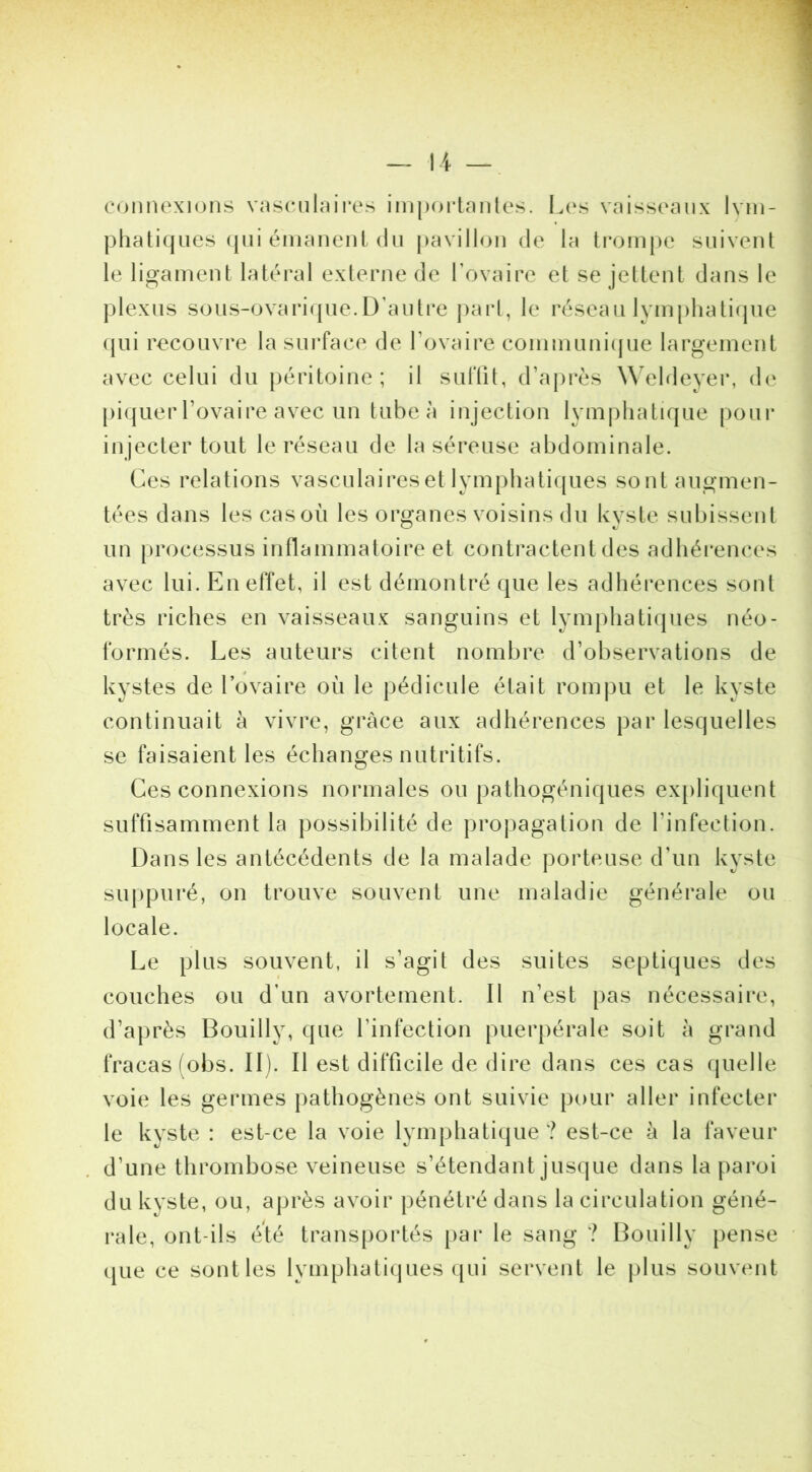 connexions vnscnlnires iinportnnles. L(\s vnissemix lym- phatiques (jiii énicmenl du pavillon de la ti*ompe suivent le ligament latéral externe de l’ovaire et se jettent dans le plexus sous-ovarique.D’autre part, le réseau lymphatiipie (jui recouvre la surface de Tovaire communiijue largement avec celui du péritoine; il surfit, d’après Weldeyer, de piquer l’ovaire avec un tube à injection lymphatique pour injecter tout le réseau de la séreuse abdominale. Ces relations vasculaireset lymphati([ues sont augmen- tées dans les cas où les organes voisins du kyste subissent un processus inflammatoire et contractent des adhérences avec lui. En effet, il est démontré que les adhérences sont très riches en vaisseaux sanguins et lymphatiques néo- formés. Les auteurs citent nombre d’observations de kystes de l’ovaire où le pédicule était rompu et le kyste continuait à vivre, grâce aux adhérences par lesquelles se faisaient les échanges nutritifs. Ces connexions normales ou pathogéniques expliquent suffisamment la possibilité de propagation de l’infection. Dans les antécédents de la malade porteuse d’un kyste suppuré, on trouve souvent une maladie générale ou locale. Le plus souvent, il s’agit des suites septiques des couches ou d’un avortement. Il n’est pas nécessaire, d’après Bouilly, que l’infection puerpérale soit à grand fracas (obs. II). Il est difficile de dire dans ces cas rpielle voie les germes pathogènes ont suivie pour aller infecter le kyste : est-ce la voie lymphatique ? est-ce à la faveur d’une thrombose veineuse s’étendant jusque dans la paroi du kyste, ou, après avoir pénétré dans la circulation géné- rale, ont-ils été transportés [>ar le sang ? Bouilly pense (jue ce sont les lymphatiques ([ui servent le })lus souvent