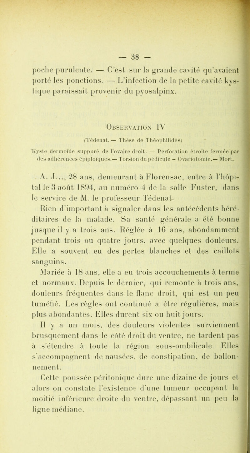 poche purulente. — C’est sur la grande cavité qu’avaient porté les ponctions- — L’infection de la petite cavité kys- tique paraissait })rovenir du pyosalpiu-x. Observation IV fTédenat.— Thèse de Théoi)liilidésj 'Kysle dermoïde suppuré de l'ovaire droit. — Perforation étroite fermée par des adhérences épiploïques.— Torsion du pédicule — Ovariotomie.— Mort. . A. J..., 28 ans, demeurant à Llorensac, entre à l’hôpi- tal le 3 août 1834, an numéro 4 de la salle Fnster, dans le service de M. le ])rofessenr Tédenat. Rien d’important à signaler dans les antécédents héré- ditaires de la malade. Sa santé générale a été bonne jusque il y a trois ans. Réglée à 16 ans, abondamment pendant trois ou quatre jours, avec quelques douleurs. Elle a souvent eu des j)ertes blanches et des caillots sano^uins. O Mariée à 18 ans, elle a eu trois accouchements à terme et normaux. Depuis le dernier, qui remonte à trois ans, douleurs fréquentes dans le flanc droit, qui est un peu tuméfié. Les règles ont continué a être régulières, mais plus abondantes. Elles durent six ou huit jours. Il y a un mois, des douleurs violentes surviennent brusquement dans le côté droit du ventre, ne tardent pas à s’étendre à toute la région sous-ombilicale. Elles s'accompagnent de nausées, de cousli[)ation, de ballon- nenien t. (^ette poussée j)éi*iloni(pi(î dui*(' une dizaine de jours el alors on conslale l’existence (bniie tumeur occupant la moitié inférieui'e droite du ventre, dépassant un peu la lio'ue médiane. O