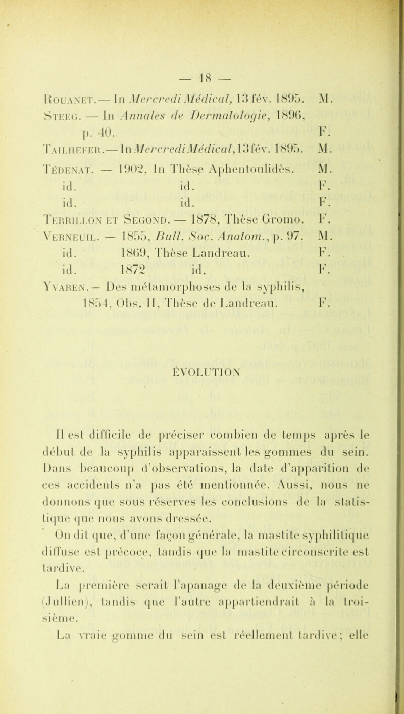 Rouanet.— In Mercredi Médical, 13fév. 1895. Steeg. — In Annales de Dermalolocjie, 1896, p. 10. Tailhefer.— In Mercredi Médical, 13fév. 1895. Tédenat. — 1902, In Thèse Aphentoulidès. i cl. id. id. id. Terrillon et Second. — 1878, Thèse Gromo. Verneuil. — 1855, Bull. Soc. Anatom., p. 97. id. 1869, Thèse Landreau. id. 1872 id. Y va re N. — Des métamorphoses de la syphilis, 1854, Obs. II, Thèse de Landreau. M. F. M. M. F. F. F. M. F. ÉVOLUTION Il est difficile de préciser combien de temps après le début de la syphilis apparaissent les gommes du sein. Dans beaucoup ifobservations, la date d’apparition de ces accidents n’a pas été mentionnée. Aussi, nous ne donnons que sous réserves les conclusions de la statis- tique <pie nous avons dressée. On dit que, d une façon générale, la mastite syphilitique diffuse est précoce, tandis que la mastite circonscrite est tardive. La première serait l’apanage de la deuxième période Jullien), tandis que l’autre appartiendrait à la troi- sième. La vraie gomme du sein est réellement tardive; elle
