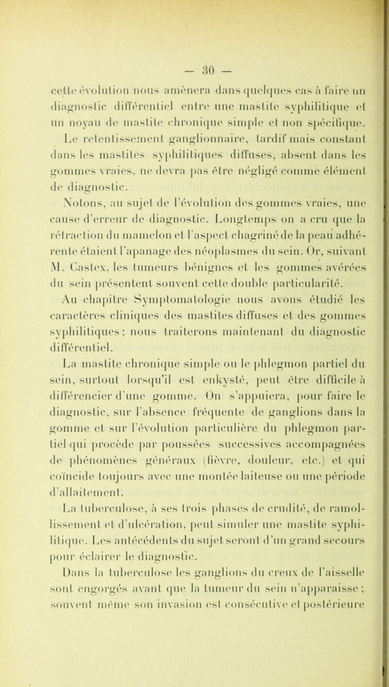 celte* évolution nous amènera dans quelques cas à faire un diagnostic différentiel entre une mastite syphilitique et un noyau de mastite chronique simple et non spécilique. Le retentissement ganglionnaire, tardif mais constant dans les mastites syphilitiques diffuses, absent dans les gommes vraies, ne devra pas être négligé comme élément de diagnostic. Notons, au sujet de l’évolution des gommes vraies, une cause d’erreur de diagnostic. Longtemps on a cru que la rétraction du mamelon et l’aspect chagriné de la peau adhé- rente' étaient l’apanage des néoplasmes du sein. Or, suivant M. Castex, les tumeurs bénignes et les gommes avérées du sein présentent souvent cette double particularité. Au chapitre Symptomatologie nous avons étudié les caractères cliniques des mastites diffuses et des gommes syphilitiques; nous traiterons maintenant du diagnostic différentiel. La mastite chronique simple ou le phlegmon partiel du sein, surtout lorsqu’il est enkysté, peut être difficile h différencier d'une gomme. On s’appuiera, pour faire le diagnostic, sur l’absence fréquente de ganglions dans la gomme et sur l’évolution particulière du phlegmon par- tiel qui procède par poussées successives accompagnées de phénomènes généraux (fièvre, douleur, etc.) et qui coïncide toujours avec une montée laiteuse ou une période d’allaitement. La tuberculose, à ses trois phases de crudité, de ramol- lissement et d’ulcération, peut simuler une mastite syphi- litique. Les antécédents du su jet seront d’un grand secours pour éclairer le diagnostic. Dans la tuberculose les ganglions du creux de faisselle sont engorgés avant que la tumeur du sein n’apparaisse; souvent même son invasion est consécutive et postérieure