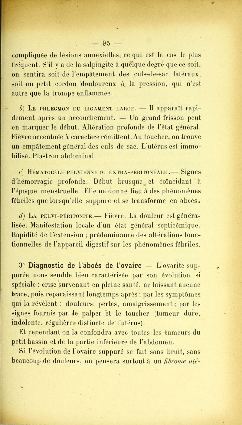compliquée de lésions annexielles, ce qui est le cas le plus fréquent. S’il y a cle la salpingite à quelque degré que ce soit, on sentira soit de l’empâtement des culs-de-sac latéraux, soit un petit cordon douloureux à, la pression, qui n’est autre que la trompe enflammée. b) Le phlegmon du ligament large. — Il apparaît rapi- dement après un accouchement. — Un grand frisson peut en marquer le début. Altération profonde de l’état général. Fièvre accentuée à caractère rémittent. Au toucher, on trouve un empâtement général des culs de-sac. L’utérus est immo- bilisé. Plastron abdominal. c) Hématocèle pelvienne ou extra-péritonéale.— Signes d’hémorragie profonde. Début brusque et coïncidant à l’époque menstruelle. Elle ne donne lieu à des phénomènes fébriles que lorsqu’elle suppure et se transforme en abcès. d) La pelvi-péritonite.— Fièvre. La douleur est généra- lisée. Manifestation locale d’un état général septicémique. Rapidité de l’extension ; prédominance des altérations fonc- tionnelles de l’appareil digestif sur les phénomènes fébriles. 3° Diagnostic de l'abcès de Fovaire — L’ovarite sup- purée nous semble bien caractérisée par son évolution si spéciale : crise survenant en pleine santé, ne laissant aucune trace, puis reparaissant longtemps après ; par les symptômes qui la révèlent : douleurs, pertes, amaigrissement; par les signes fournis par «le palper et le toucher (tumeur dure, indolente, régulière, distincte de l’utérus). Et cependant on la confondra avec toutes les tumeurs du petit bassin et de la partie inférieure de l’abdomen. Si l’évolution de l’ovaire suppuré se fait sans bruit, sans beaucoup de douleurs, on pensera surtout â un fibrome uté-