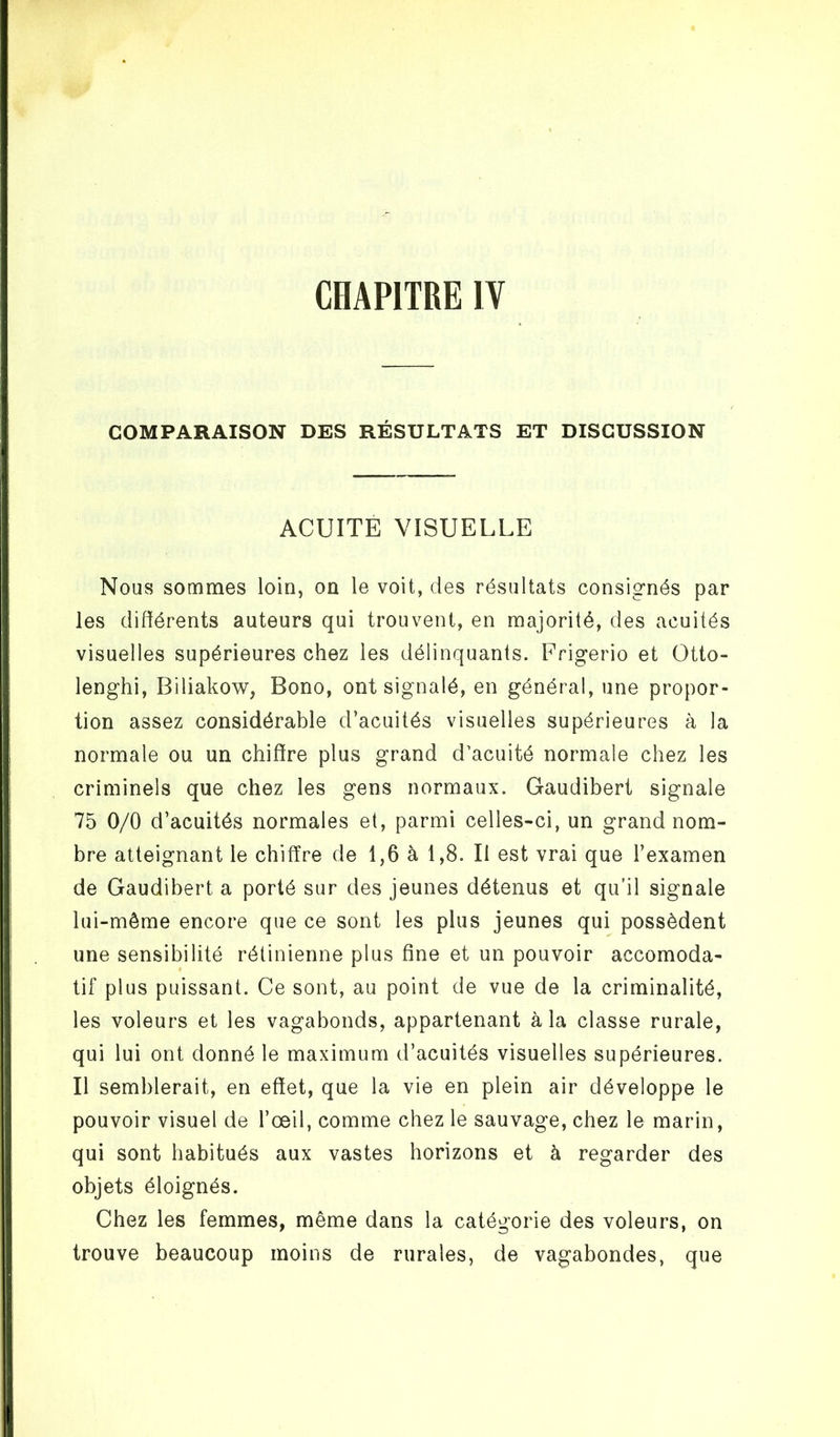 COMPARAISON DES RÉSULTATS ET DISCUSSION ACUITE VISUELLE Nous sommes loin, on le voit, des résultats consignés par les différents auteurs qui trouvent, en majorité, des acuités visuelles supérieures chez les délinquants. Frigerio et Otto- lenghi, Biliakow, Bono, ont signalé, en général, une propor- tion assez considérable d’acuités visuelles supérieures à la normale ou un chiffre plus grand d’acuité normale chez les criminels que chez les gens normaux. Gaudibert signale 75 0/0 d’acuités normales et, parmi celles-ci, un grand nom- bre atteignant le chiffre de 1,6 à 1,8. Il est vrai que l’examen de Gaudibert a porté sur des jeunes détenus et qu’il signale lui-même encore que ce sont les plus jeunes qui possèdent une sensibilité rétinienne plus fine et un pouvoir accomoda- tif plus puissant. Ce sont, au point de vue de la criminalité, les voleurs et les vagabonds, appartenant à la classe rurale, qui lui ont donné le maximum d’acuités visuelles supérieures. Il semblerait, en effet, que la vie en plein air développe le pouvoir visuel de l’œil, comme chez le sauvage, chez le marin, qui sont habitués aux vastes horizons et à regarder des objets éloignés. Chez les femmes, même dans la catégorie des voleurs, on trouve beaucoup moins de rurales, de vagabondes, que