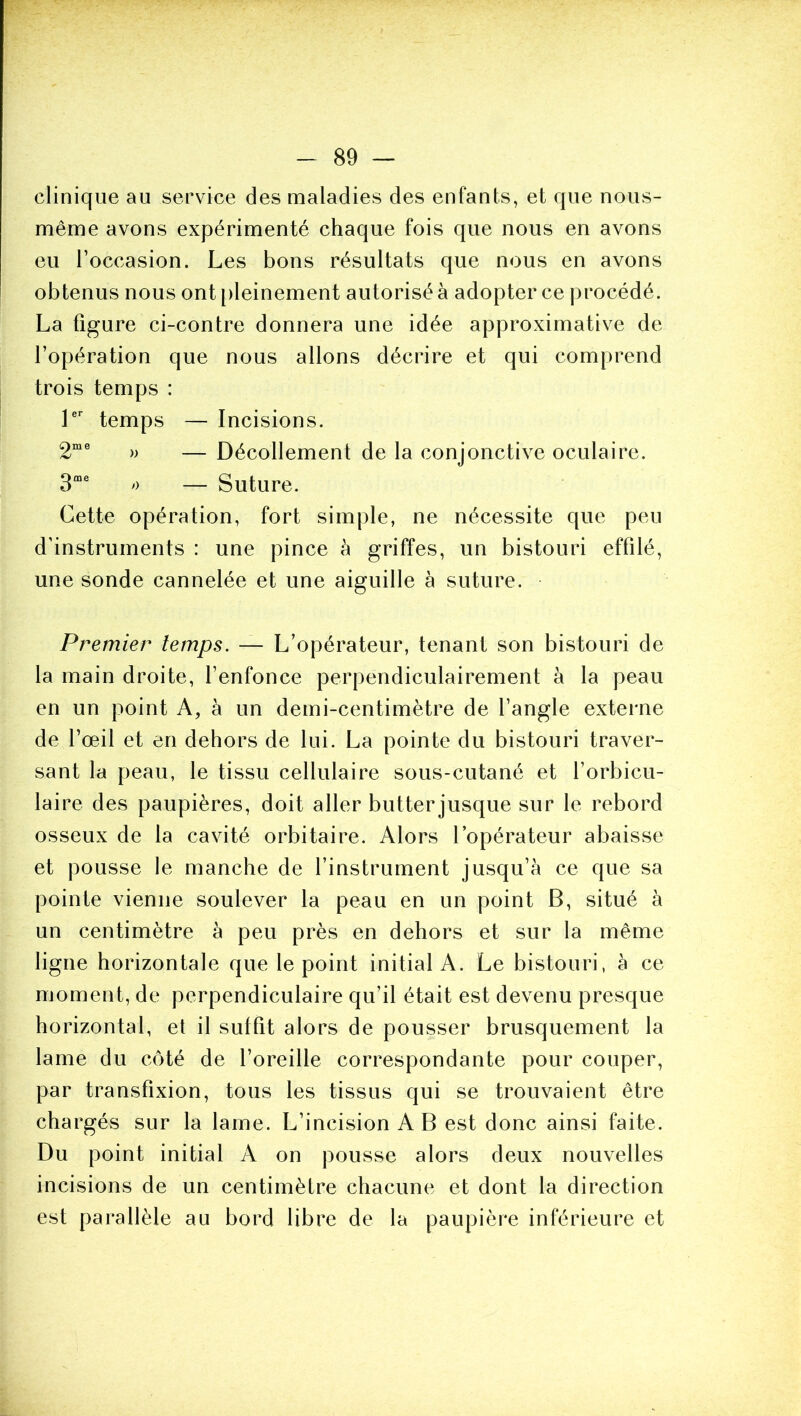 clinique au service des maladies des enfants, et que nous- même avons expérimenté chaque fois que nous en avons eu l’occasion. Les bons résultats que nous en avons obtenus nous ont pleinement autorisé à adopter ce procédé. La figure ci-contre donnera une idée approximative de l’opération que nous allons décrire et qui comprend trois temps : V temps — Incisions. » — Décollement de la conjonctive oculaire. » — Suture. Cette opération, fort simple, ne nécessite que peu d’instruments : une pince à griffes, un bistouri effilé, une sonde cannelée et une aiguille à suture. Premier temps. — L’opérateur, tenant son bistouri de la main droite, l’enfonce perpendiculairement à la peau en un point A, à un demi-centimètre de l’angle externe de l’œil et en dehors de lui. La pointe du bistouri traver- sant la peau, le tissu cellulaire sous-cutané et l’orbicu- laire des paupières, doit aller butter jusque sur le rebord osseux de la cavité orbitaire. Alors l’opérateur abaisse et pousse le manche de l’instrument jusqu’à ce que sa pointe vienne soulever la peau en un point B, situé à un centimètre à peu près en dehors et sur la même ligne horizontale que le point initial A. Le bistouri, à ce moment, de perpendiculaire qu’il était est devenu presque horizontal, et il suffit alors de pousser brusquement la lame du côté de l’oreille correspondante pour couper, par transfixion, tous les tissus qui se trouvaient être chargés sur la lame. L’incision AB est donc ainsi faite. Du point initial A on pousse alors deux nouvelles incisions de un centimètre chacune et dont la direction est parallèle au bord libre de la paupière inférieure et