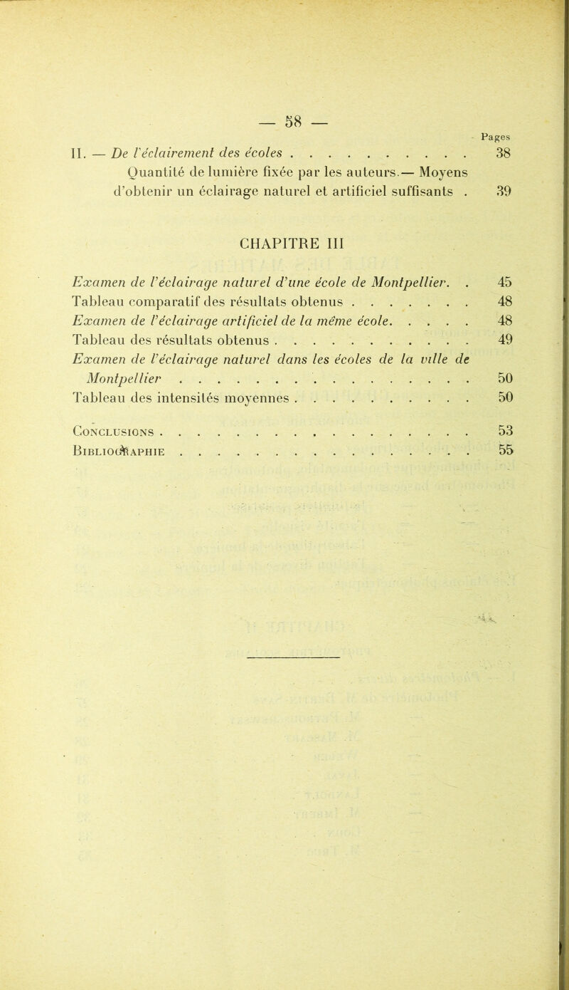Pages IL — De réclairement des écoles 38 Quantité de lumière fixée par les auteurs.— Moyens d’obtenir un éclairage naturel et artificiel suffisants . 39 CHAPITRE III Examen de l’éclairage naturel d’une école de Montpellier. . 45 Tableau comparatif des résultats obtenus 48 Examen de l’éclairage artificiel de la même école 48 Tableau des résultats obtenus 49 Examen de l’éclairage naturel dans les écoles de la ville de Montpellier 50 Tableau des intensités moyennes 50 Conclusions 53 Bibliographie . 55