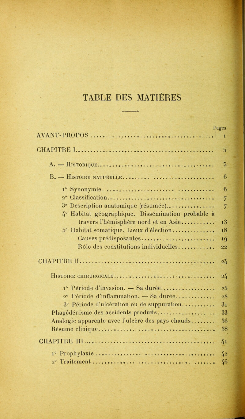 TABLE DES MATIÈRES AVANT-PROPOS CHAPITRE I A. — Historique 5 B. — Histoire naturelle 6 i° Synonymie 6 2° Classification 7 3° Description anatomique (résumée) 7 4° Habitat géographique. Dissémination probable à travers l'hémisphère nord et en Asie i3 5° Habitat somatique. Lieux d’élection 18 Causes prédisposantes 19 Rôle des constitutions individuelles 22 CHAPITRE II 24 Histoire chirurgicale 24 i° Période d’invasion. — Sa durée. 20 Période d’inflammation. — Sa durée 3° Période d’ulcération ou de suppuration.... Phagédénisme des accidents produits Analogie apparente avec l’ulcère des pays chauds. Résumé clinique. CHAPITRE III i° Prophylaxie 2° Traitement ^.