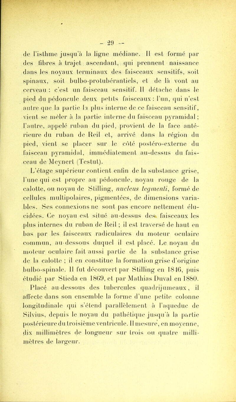 de l’isthme jusqu’à la ligne médiane. Il est formé par des libres tà trajet ascendant, qui prennent naissance dans les noyaux terminaux des faisceaux sensitifs, soit spinaux, soit bulbo-protubérantiels, et de là vont au cerveau : c’est un faisceau sensitif. 11 détache dans le pied du pédoncule deux petits faisceaux: l’un, qui n’est autre que la partie la plus interne de ce faisceau sensitif, vient se mêler à la partie interne du faisceau pyramidal; l’autre, appelé ruban du pied, provient de la face anté- rieure du ruban de Reil et, arrivé dans la région du pied, vient se placer sur le côté postéro-externe du faisceau pyramidal, immédiatement au-dessus du fais- ceau deMeynert (Testut). L’étage supérieur contient enfin de la substance grise, Tune qui est propre au pédoncule, noyau rouge de la calotte, ou noyau de Stilling, nucléus tegmenti, formé de cellules multipolaires, pigmentées, de dimensions varia- bles. Ses connexions ne sont pas encore nettement élu- cidées. Ce noyau est situé au-dessus des& faisceaux les plus internes du ruban de Reil ; il est traversé de haut en bas par les faisceaux radiculaires du moteur oculaire commun, au-dessous duquel il est placé. Le noyau du moteur oculaire fait aussi partie de la substance grise de la calotte; il en constitue la formation grise d’origine bulbo-spinale. 11 fut découvert par Stilling en 1846, puis étudié par Stieda en 1869, et par Mathias Duval en 1880. Placé au-dessous des tubercules quadrijumeaux, il affecte dans son ensemble la forme d’une petite colonne longitudinale qui s’étend parallèlement à l’aqueduc de Silvius, depuis le noyau du pathétique jusqu'à la partie postérieuredu troisième ventricule. 11 mesure, en moyenne, dix millimètres de longueur sur trois ou quatre milli- mètres de largeur.