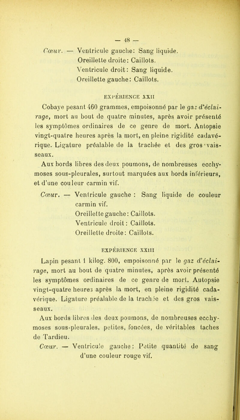 Cœur. — Ventricule gauche: Sang liquide. Oreillette droite: Caillots. Ventricule droit: Sang liquide. Oreillette gauche: Caillots. EXPÉRIENCE XXII Cobaye pesant 460 grammes, empoisonné par le ga.z d'éclai- rage, mort au bout de quatre minutes, après avoir présenté les symptômes ordinaires de ce genre de mort. Antopsie vingt-quatre heures après la mort, en pleine rigidité cadavé- rique. Ligature préalable de la trachée et des gros-vais- seaux. Aux bords libres des deux poumons, de nombreuses ecchy- moses sous-pleurales, surtout marquées aux bords inférieurs, et d’une couleur carmin vif. Cœur. — Ventricule gauche : Sang liquide de couleur carmin vif. Oreillette gauche: Caillots. Ventricule droit: Caillots. Oreillette droite : Caillots. EXPÉRIENCE XXIII Lapin pesant 1 kilog. 800, empoisonné par le gaz d'éclai- rage, mort au bout de quatre minutes, après avoir présenté les symptômes ordinaires de ce genre de mort. Autopsie vingt-quatre heures après la mort, en pleine rigidité cada- vérique. Ligature préalable de la trachie et des gros vais- seaux. Aux bords libres des deux poumons, de nombreuses ecchy- moses sous-pleurales, petites, foncées, de véritables taches de Tardieu. Cœur. — Ventricule gauche : Petite quantité de sang d’une couleur rouge vif.