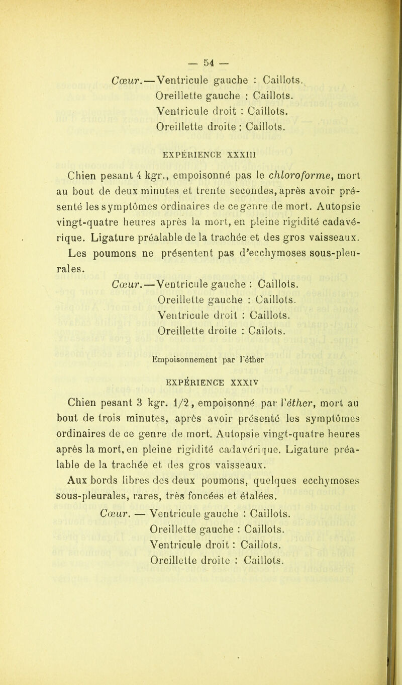 Cœur.—Ventricule gauche : Caillots. Oreillette gauche : Caillots. Ventricule droit : Caillots. Oreillette droite : Caillots. EXPÉRIENCE XXXIII Chien pesant 4 kgr., empoisonné pas le chloroforme^ mort au bout de deux minutes et trente secondes, après avoir pré- senté les symptômes ordinaires de cegenre de mort. Autopsie vingt-quatre heures après la mort, en pleine rigidité cadavé- rique. Ligature préalable de la trachée et des gros vaisseaux. Les poumons ne présentent pas d’ecchymoses sous-pleu- rales. Cœur.—Ventricule gauche : Caillots. Oreillette gauche : Caillots. Ventricule droit : Caillots. Oreillette droite : Cailots. Empoisonnement par l’éther EXPÉRIENCE XXXIV Chien pesant 3 kgr. 1/2, empoisonné par Véther, mort au bout de trois minutes, après avoir présenté les symptômes ordinaires de ce genre de mort. Autopsie vingt-quatre heures après la mort, en pleine rigidité cadavérique. Ligature préa- lable de la trachée et des gros vaisseaux. Aux bords libres des deux poumons, quelques ecchymoses sous-pleurales, rares, très foncées et étalées. Cœur. — Ventricule gauche : Caillots. Oreillette gauche : Caillots. Ventricule droit : Caillots. Oreillette droite : Caillots.