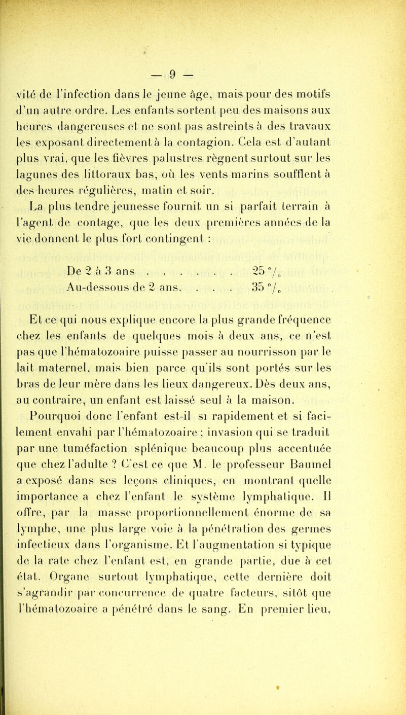 vité de l’infection dans le jeune âge, mais pour des motifs d’un autre ordre. Les enfants sortent peu des maisons aux heures dangereuses et ne sont pas astreints à des travaux les exposant directement à la contagion. Cela est d’autant plus vrai, que les fièvres palustres régnent surtout sur les lagunes des littoraux bas, où les vents marins soufflent à des heures régulières, matin et soir. La plus tendre jeunesse fournit un si parfait terrain à l’agent de contage, que les deux premières années de la vie donnent le plus fort contingent : Et ce qui nous explique encore la plus grande fréquence chez les enfants de quelques mois à deux ans, ce n’est pas que l’hématozoaire puisse passer au nourrisson par le lait maternel, mais bien parce qu'ils sont portés sur les bras de leur mère dans les lieux dangereux. Dès deux ans, au contraire, un enfant est laissé seul à la maison. Pourquoi donc l’enfant est-il si rapidement et si faci- lement envahi par l’hématozoaire ; invasion qui se traduit par une tuméfaction splénique beaucoup plus accentuée que chez l’adulte? C’est ce que M. le professeur Baumel a exposé dans ses leçons cliniques, en montrant quelle importance a chez l’enfant le système lymphatique. Il offre, par la masse proportionnellement énorme de sa lymphe, une plus large voie à la pénétration des germes infectieux dans l’organisme. Et l’augmentation si typique de la rate chez l’enfant est, en grande partie, due à cet état. Organe surtout lymphatique, cette dernière doit s’agrandir par concurrence de quatre facteurs, sitôt que l’hématozoaire a pénétré dans le sang. En premier lieu, De 2 à 3 ans . Au-dessous de 2 ans. 25 7, 357