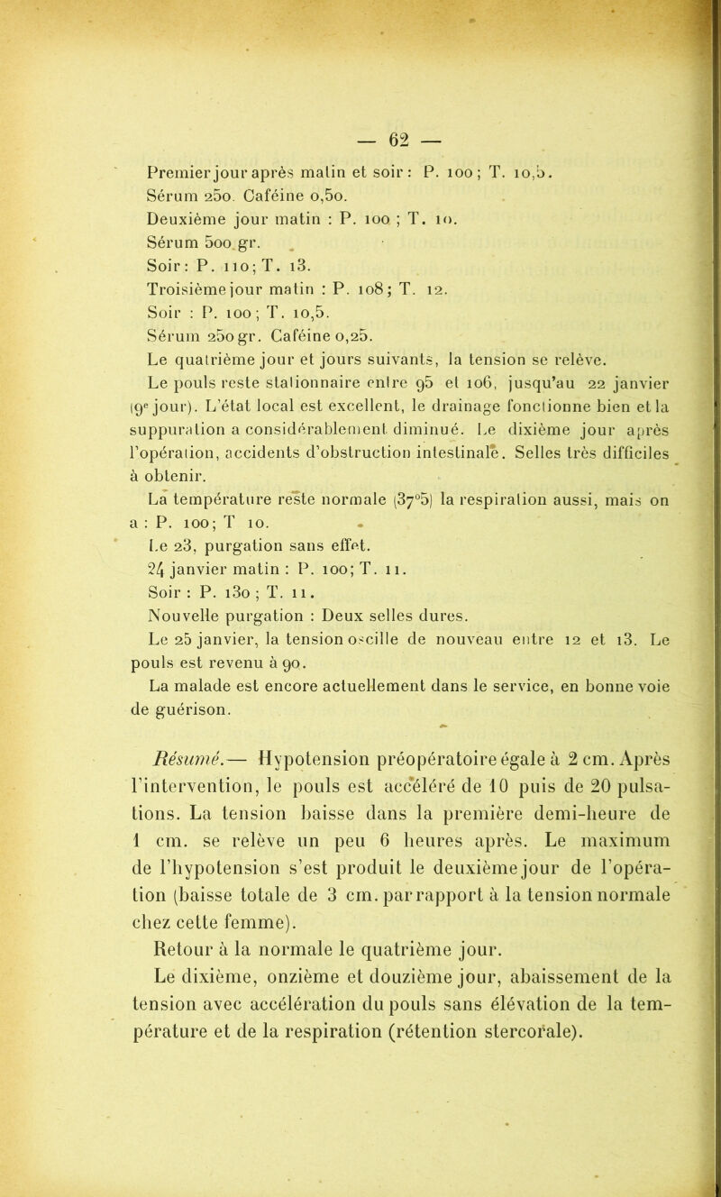 Premier jour après malin et soir: P. 100; T. io,5. Sérum 25o. Caféine o,5o. Deuxième jour matin : P. 100 ; T. 10. Sérum 5oo.gr. Soir : P. 110; T. i3. Troisième jour matin : P. 108; T. 12. Soir : P. 100 ; T. 10,5. Sérum 25ogr. Caféine 0,25. Le quatrième jour et jours suivants, la tension se relève. Le pouls reste stalionnaire entre 95 et 106, jusqu’au 22 janvier (9e jour). L’état local est excellent, le drainage fonctionne bien et la suppuration a considérablement diminué. Le dixième jour après l’opération, accidents d’obstruction intestinale. Selles très difficiles à obtenir. La température reste normale (37°5) la respiration aussi, mais on a : P. 100; T 10. Le 23, purgation sans effet. 24 janvier matin : P. 100; T. 11. Soir : P. i3o ; T. 11. Nouvelle purgation : Deux selles dures. Le 25 janvier, la tension oscille de nouveau entre 12 et i3. Le pouls est revenu à 90. La malade est encore actuellement dans le service, en bonne voie de guérison. Résumé.— Hypotension préopératoire égale à 2 cm. Après l’intervention, le pouls est accéléré de 10 puis de 20 pulsa- tions. La tension baisse dans la première demi-heure de 1 cm. se relève un peu 6 heures après. Le maximum de l’hypotension s’est produit le deuxième jour de l’opéra- tion (baisse totale de 3 cm. par rapport à la tension normale chez cette femme). Retour à la normale le quatrième jour. Le dixième, onzième et douzième jour, abaissement de la tension avec accélération du pouls sans élévation de la tem- pérature et de la respiration (rétention stercorale).