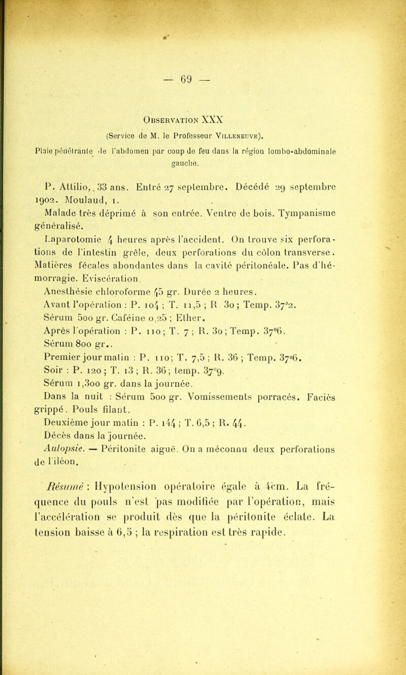 Observation XXX (Service de M. le Professeur Villeneuve). Plaie pénétrante de l’abdomen par coup de feu dans la région lombo-abdominale gauche. P. Attilio,. 33 ans. Entré 27 septembre. Décédé 29 septembre 1902. Moulaud, 1. . Malade très déprimé à son entrée. Ventre de bois. Tympanisme généralisé. Laparotomie 4 heures après l’accident. On trouve six perfora- tions de l’intestin grêle, deux perforations du côlon transverse. Matières fécales abondantes dans la cavité péritonéale. Pas d’hé- morragie. Eviscération. Anesthésie chloroforme 4b gr. Durée 2 heures. Avant l’opération : P. 104 ; T. 11,5 ; R 3o ; Temp. 37°2. Sérum 5oo gr. Caféine 0,25 ; Ether. Après l'opération : P. 110 ; T. 7 ; R. 3o;Temp. 37°6. Sérum 800 gr.. Premier jour malin : P. 110; T. 7,5 ; R. 36 ; Temp. 37°6. Soir : P. 120; T. i3 ; R. 36 ; temp. 37°9- Sérum i,3oo gr. dans la journée. Dans la nuit : Sérum 5oo gr. Vomissements porracés. Faciès grippé. Pouls filant. Deuxième jour matin : P. i44 ; T. 6,5 ; R. 44- Décès dans la journée. Autopsie. —- Péritonite aiguë. On a méconnu deux perforations de l’iléon. Résumé : Hypotension opératoire égale à 4cm. La fré- quence du pouls n’est pas modifiée par l’opération, mais l’accélération se produit dès que la péritonite éclate. La tension baisse à 6,5 ; la respiration est très rapide.