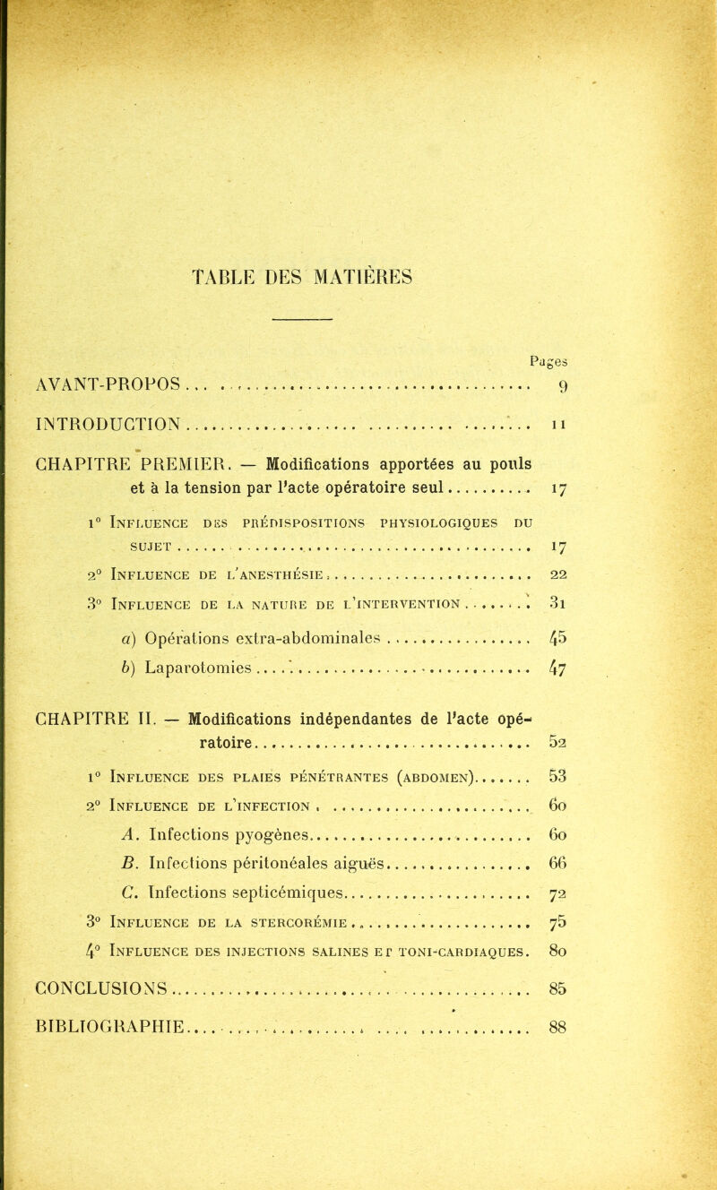 TABLE DES MATIÈRES Pages AVANT-PROPOS ... 9 INTRODUCTION n CHAPITRE PREMIER. — Modifications apportées au pouls et à la tension par l’acte opératoire seul 17 i° Influence des prédispositions physiologiques du sujet . . . . 17 20 Influence de l'anesthésie 22 3° Influence de la nature de l’intervention 3i a) Opérations extra-abdominales 45 b) Laparotomies ... . . 47 CHAPITRE II. — Modifications indépendantes de l’acte opé- ratoire 52 i° Influence des plaies pénétrantes (abdomen) 53 20 Influence de l’infection 60 A. Infections pyogènes -. 60 B. Infections péritonéales aiguës 66 C. Infections septicémiques 72 3° Influence de la stercorémie . » 75 4° Influence des injections salines et toni-cardiaques. 80 CONCLUSIONS 85 BIBLIOGRAPHIE..... 4 88