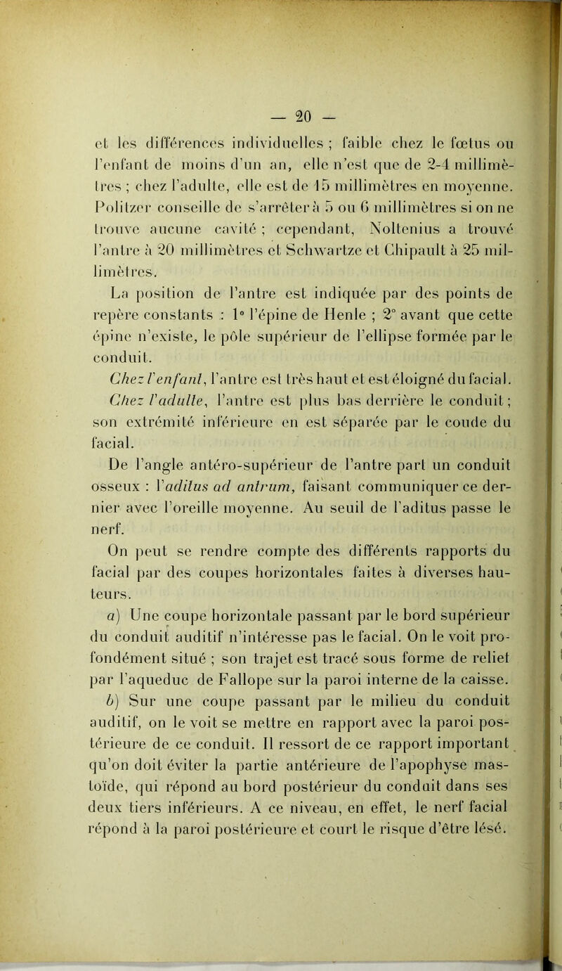 et les différences individuelles ; faible chez le fœtus ou l’enfant de moins d’un an, elle n’est que de 2-4 inillimè- Ires ; chez l’adulte, elle est de 15 inilliinètres en moyenne. Polilzer conseille de s’arrêtera 5 ou G millimètres si on ne trouve aucune cavité ; cependant, Noltcnius a trouvé l’antre à 20 millimètres et Schwartzc et Chipault à 25 mil- limètres. La position de l’antre est indiquée par des points de repère constants : 1“ l’épine de Henle ; 2° avant que cette épine n’existe, le pôle supérieur de l’ellipse formée par le conduit. Chezlenfatil, l’antre est très haut et est éloigné du facial. Chez r ad Lille, l’antre est plus bas derrière le conduit; son extrémité inférieure en est séparée par le coude du facial. De l’angle antéro-supérieur de l’antre part un conduit osseux : Vadilus ad anlriim, faisant communiquer ce der- nier avec l’oreille moyenne. Au seuil de l’aditus passe le nerf. On peut se rendre compte des différents rapports du facial par des coupes horizontales faites à diverses hau- teurs. a) Une coupe horizontale passant par le bord supérieur du conduit auditif n’intéresse pas le facial. On le voit pro- fondément situé ; son trajet est tracé sous forme de relief par l’aqueduc de Fallope sur la paroi interne de la caisse. b) Sur une coupe passant par le milieu du conduit auditif, on le voit se mettre en rapport avec la paroi pos- térieure de ce conduit. Il ressort de ce rapport important qu’on doit éviter la partie antérieure de l’apophyse mas- toïde, qui répond au bord postérieur du conduit dans ses deux tiers inférieurs. A ce niveau, en effet, le nerf facial répond à la paroi postérieure et court le risque d’être lésé.