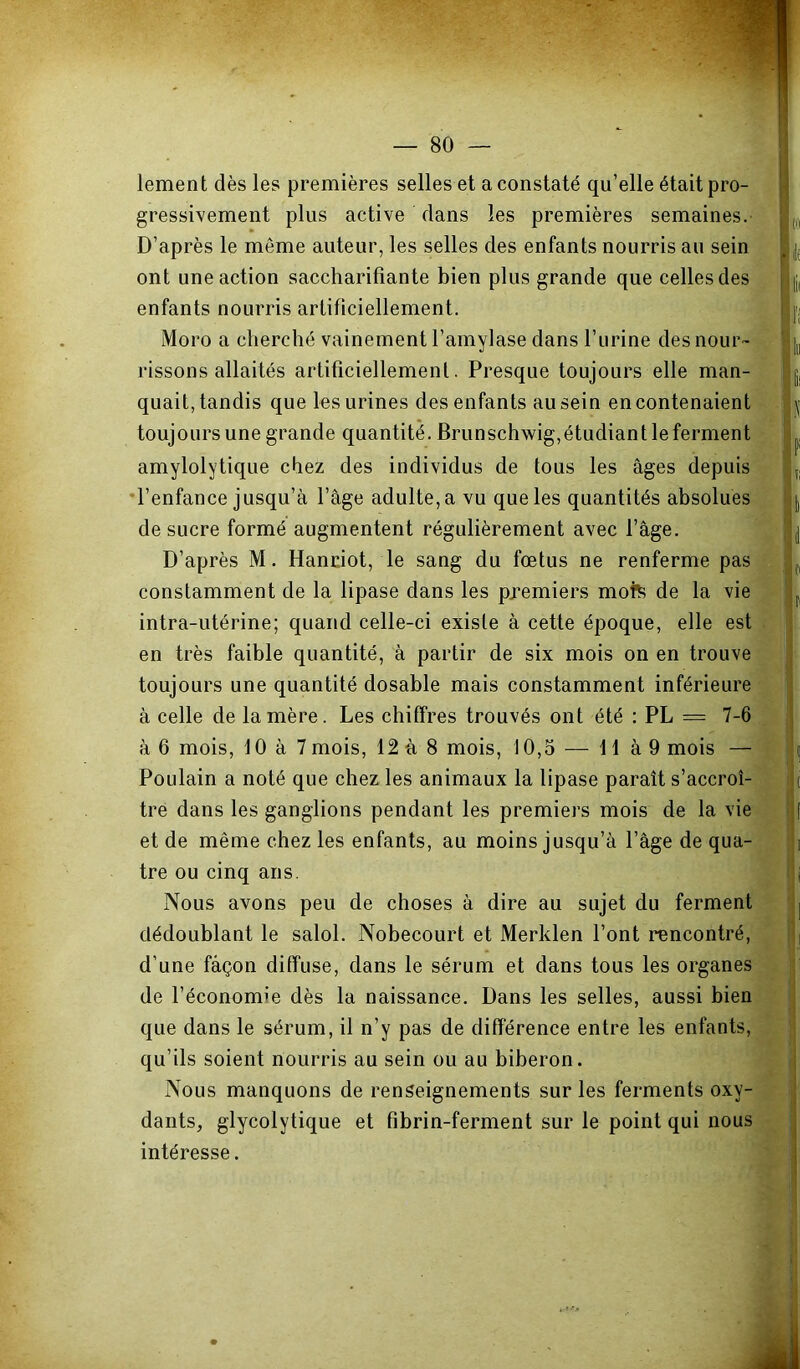 lement dès les premières selles et a constaté qu’elle était pro- ^j| gressWement plus active dans les premières semaines.• '!|j [p D’après le même auteur, les selles des enfants nourris au sein ont une action saccharifiante bien plus grande que celles des . . enfants nourris artificiellement. i i|j Moro a cherché vainement l’amylase dans l’urine des nour™ rissons allaités artificiellement. Presque toujours elle man- quait, tandis que les urines des enfants au sein en contenaient toujours une grande quantité. Brunschwig,étudiant le ferment '■ p, amylolytique chez des individus de tous les âges depuis •l’enfance jusqu’à l’âge adulte, a vu que les quantités absolues ijj, de sucre formé augmentent régulièrement avec l’âge. h i ’i' ^ D’après M. Hanciot, le sang du fœtus ne renferme pas | jj,| constamment de la lipase dans les premiers mofe de la vie intra-utérine; quand celle-ci existe à cette époque, elle est , en très faible quantité, à partir de six mois on en trouve ^ toujours une quantité dosable mais constamment inférieure à celle de lanière. Les chiffres trouvés ont été : PL = 7-6 j| â 6 mois, 10 à 7 mois, 12 à 8 mois, 10,5 — H à 9 mois — = | (| Poulain a noté que chez les animaux la lipase paraît s’accroî- li tre dans les ganglions pendant les premiers mois de la vie ,jt et de même chez les enfants, au moins jusqu’à l’âge de qua- i tre ou cinq ans. 'i Nous avons peu de choses à dire au sujet du ferment ' j dédoublant le salol. Nobecourt et Merklen l’ont rencontré, |:]| d’une façon diffuse, dans le sérum et dans tous les organes : ] de l’économie dès la naissance. Dans les selles, aussi bien que dans le sérum, il n’y pas de différence entre les enfants, : qu’ils soient nourris au sein ou au biberon. ; Nous manquons de renseignements sur les ferments oxy- | dants, glycolytique et fibrin-ferment sur le point qui nous - intéresse. - ■] V