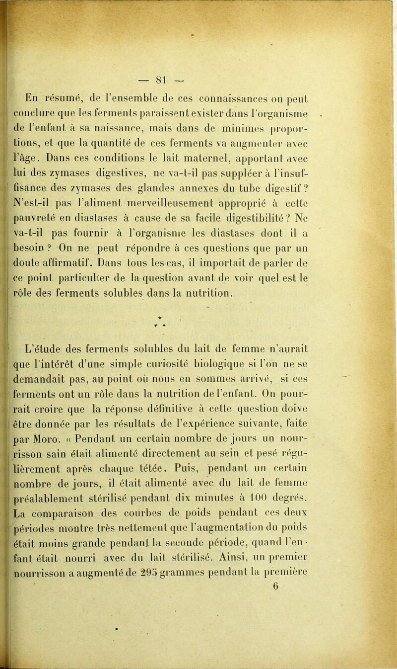 i conclure que les ferments paraissent exister dans l’organisme de l’enfant à sa naissance, mais dans de minimes propor- tions, et que la quantité de ces ferments va augmenter avec i l’âge. Dans ces conditions le lait maternel, apportant avec ; lui des zymases digestives, ne va-t-il pas suppléera l’insuf- , fîsance des zymases des glandes annexes du tube digestif? ! N’est-il pas l’aliment merveilleusement approprié à cette ; pauvreté en diastases à cause de sa facile digestibilité? Ne ; va-t-il pas fournir à l’organisme les diastases dont il a r besoin ? On ne peut répondre à ces questions que par un doute affirmatif. Dans tous les cas, il importait de parler de I ce point particulier de la question avant de voir quel est le rôle des ferments solubles dans la nutrition. “ ■* ¥• ¥ L’étude des ferments solubles du lait de femme n’aurait que l'intérêt d’une simple curiosité biologique si l’on ne se demandait pas, au point où nous en sommes arrivé, si ces ferments ont un rôle dans la nutrition de l’enfant. On pour- ,rait croire que la réponse définitive à cette question doive être donnée par les résultats de l’expérience suivante, faite par Moro. « Pendant un certain nombre de jours un nour- i risson sain était alimenté directement au sein et pesé régu- lièrement après chaque tétée. Puis, pendant un certain nombre de jours, il était alimenté avec du lait de femme préalablement stérilisé pendant dix minutes à 100 degrés. La comparaison des courbes de poids pendant ces deux périodes montre très nettement que l’augmentation du poids était moins grande pendant la seconde période, quand l’en- fant était nourri avec du lait stérilisé. Ainsi, un premier nourrisson a augmenté de 295 grammes pendant la première 6