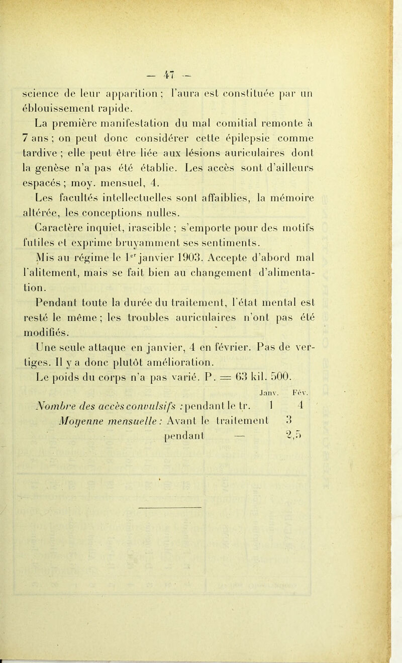 science de leur apparition ; l’aura est constituée par un éblouissement rapide. La première manifestation du mal comitial remonte à 7 ans ; on peut donc considérer cette épilepsie comme tardive ; elle peut être liée aux lésions auriculaires dont la genèse n’a pas été établie. Les accès sont d’ailleurs espacés ; moy. mensuel, 4. Les facultés intellectuelles sont affaiblies, la mémoire altérée, les conceptions milles. Caractère inquiet, irascible ; s’emporte pour des motifs futiles et exprime bruyamment ses sentiments. Mis au régime le 1er janvier 1903. Accepte d’abord mal l'alitement, mais se fait bien au changement d’alimenta- tion. Pendant toute la durée du traitement, l’état mental est resté le même; les troubles auriculaires n’ont pas été modifiés. Une seule attaque en janvier, 4 en février. Pas de ver- tiges. Il y a donc plutôt amélioration. Le poids du corps n’a pas varié. P. = 63 kil. 500. Janv. Fév. Nombre des accès convulsifs ; pendant le tr. 1 4 Moyenne mensuelle : Avant le traitement 3 pendant — 2,5