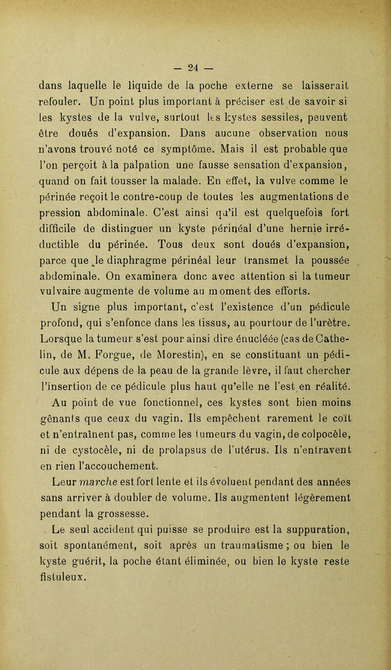 dans laquelle le liquide de la poche externe se laisserait refouler. Un point plus important à préciser est de savoir si les kystes de la vulve, surtout lts kystes sessiles, peuvent être doués d’expansion. Dans aucune observation nous n’avons trouvé noté ce symptôme. Mais il est probable que l’on perçoit à la palpation une fausse sensation d’expansion, quand on fait tousser la malade. En effet, la vulve comme le périnée reçoit le contre-coup de toutes les augmentations de pression abdominale. C’est ainsi qu’il est quelquefois fort difficile de distinguer un kyste périnéal d’une hernie irré- ductible du périnée. Tous deux sont doués d’expansion, parce que Je diaphragme périnéal leur transmet la poussée abdominale. On examinera donc avec attention si la tumeur vulvaire augmente de volume au moment des efforts. Un signe plus important, c’est l’existence d’un pédicule profond, qui s’enfonce dans les tissus, au pourtour de l’urètre. Lorsque la tumeur s’est pour ainsi dire énucléée (cas de Cathe- lin, de M. Forgue, île Morestin), en se constituant un pédi- cule aux dépens de la peau de la grande lèvre, il faut chercher l’insertion de ce pédicule plus haut qu’elle ne l’est en réalité. Au point de vue fonctionnel, ces kystes sont bien moins gênants que ceux du vagin. Ils empêchent rarement le coït et n’entraînent pas, comme les tumeurs du vagin, de colpocèle, ni de cystocèle, ni de prolapsus de l’utérus. Ils n’entravent en rien l’accouchement. Leur marche est fort lente et ils évoluent pendant des années sans arriver à doubler de volume. Ils augmentent légèrement pendant la grossesse. . Le seul accident qui puisse se produire est la suppuration, soit spontanément, soit après un traumatisme ; ou bien le kyste guérit, la poche étant éliminée, ou bien le kyste reste fistuleux.