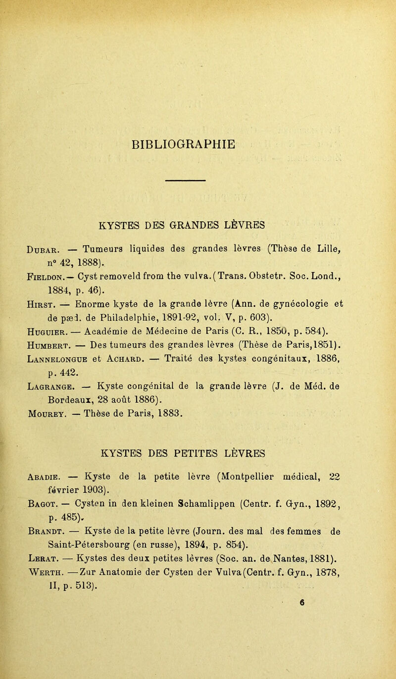 BIBLIOGRAPHIE KYSTES DES GRANDES LÈVRES Dubar. — Tumeurs liquides des grandes lèvres (Thèse de Lille, n° 42, 1888). Fieldon.— Cyst removeld from the vulva.(Trans. Obstetr. Soc. Lond., 1884, p. 46). Hirst. — Enorme kyste de la grande lèvre (Ann. de gynécologie et de pæd. de Philadelphie, 1891-92, vol. V, p. 603). Huguier. — Académie de Médecine de Paris (C. R., 1850, p. 584). Humbert. — Des tumeurs des grandes lèvres (Thèse de Paris,1851). Lannelongue et Achard. — Traité des kystes congénitaux, 1886, p. 442. Lagrange. — Kyste congénital de la grande lèvre (J. de Méd. de Bordeaux, 28 août 1886). Mourey. — Thèse de Paris, 1883. KYSTES DES PETITES LÈVRES Abadie. — Kyste de la petite lèvre (Montpellier médical, 22 février 1903). Bagot. — Cysten in den kleinen Schamlippen (Centr. f. Gyn., 1892, p. 485), Brandt. — Kyste de la petite lèvre (Journ. des mal des femmes de Saint-Pétersbourg (en russe), 1894, p. 854). Lerat. — Kystes des deux petites lèvres (Soc. an. de Nantes, 1881). Werth. —Zur Anatomie der Cysten der Vulva(Centr. f. Gyn., 1878, II, p. 513). 6
