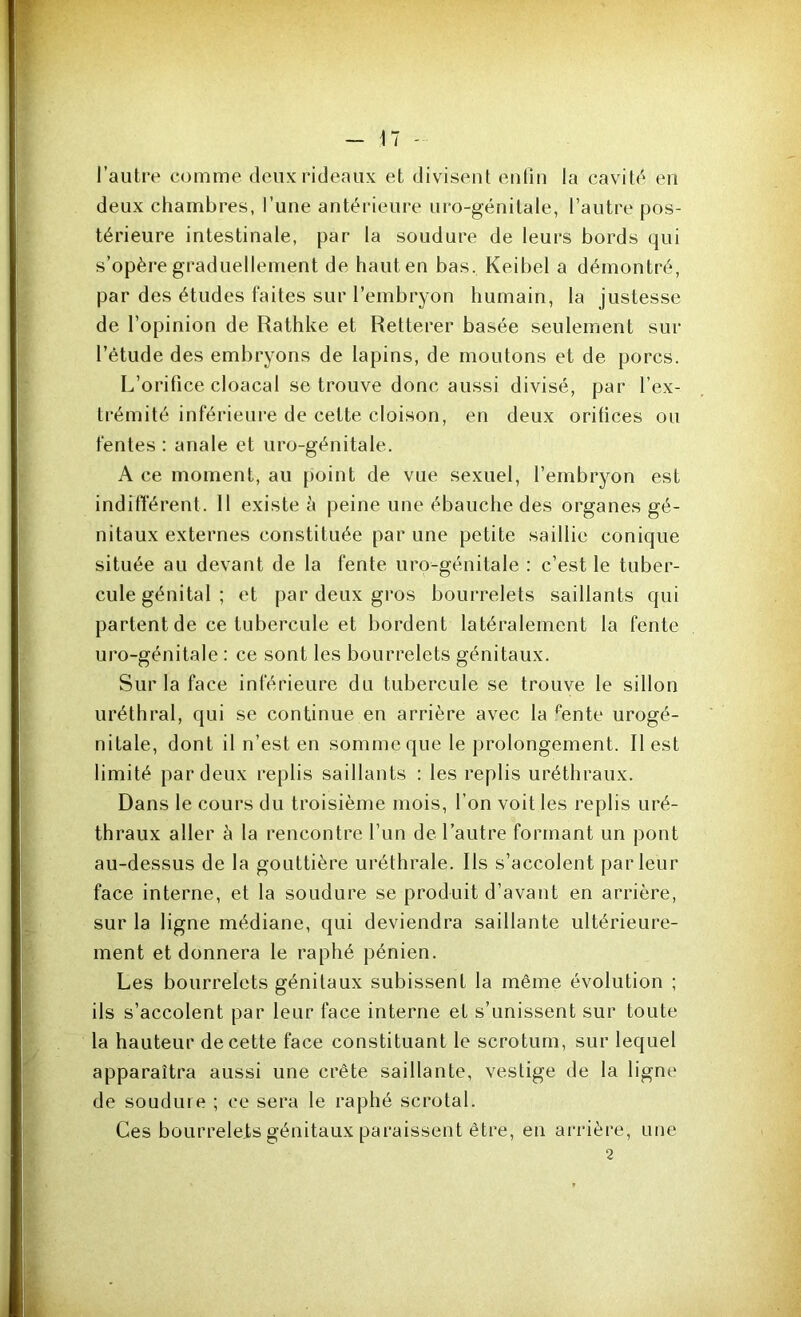l’autre comme deux rideaux et divisent enfin la cavité en deux chambres, l’une antérieure uro-génitale, l’autre pos- térieure intestinale, par la soudure de leurs bords qui s’opère graduellement de haut en bas. Keibel a démontré, par des études laites sur l’embryon humain, la justesse de l’opinion de Rathke et Retterer basée seulement sur l’étude des embryons de lapins, de moutons et de porcs. L’orifice cloacal se trouve donc aussi divisé, par l’ex- trémité inférieure de celte cloison, en deux orifices ou fentes : anale et uro-génitale. A ce moment, au point de vue sexuel, l’embryon est indifférent. 11 existe à peine une ébauche des organes gé- nitaux externes constituée par une petite saillie conique située au devant de la fente uro-génitale : c’est le tuber- cule génital; et par deux gros bourrelets saillants qui partent de ce tubercule et bordent latéralement la fente uro-génitale : ce sont les bourrelets génitaux. Sur la face inférieure du tubercule se trouve le sillon uréthral, qui se continue en arrière avec la pente urogé- nitale, dont il n’est en somme que le prolongement. Il est limité par deux replis saillants : les replis uréthraux. Dans le cours du troisième mois, l’on voit les replis uré- thraux aller à la rencontre l’un de l’autre formant un pont au-dessus de la gouttière uréthrale. Ils s’accolent parleur face interne, et la soudure se produit d’avant en arrière, sur la ligne médiane, qui deviendra saillante ultérieure- ment et donnera le raphé pénien. Les bourrelets génitaux subissent la même évolution ; ils s’accolent par leur face interne et s’unissent sur toute la hauteur de cette face constituant le scrotum, sur lequel apparaîtra aussi une crête saillante, vestige de la ligne de soudure ; ce sera le raphé scrotal. Ces bourrelets génitaux paraissent être, en arrière, une 2