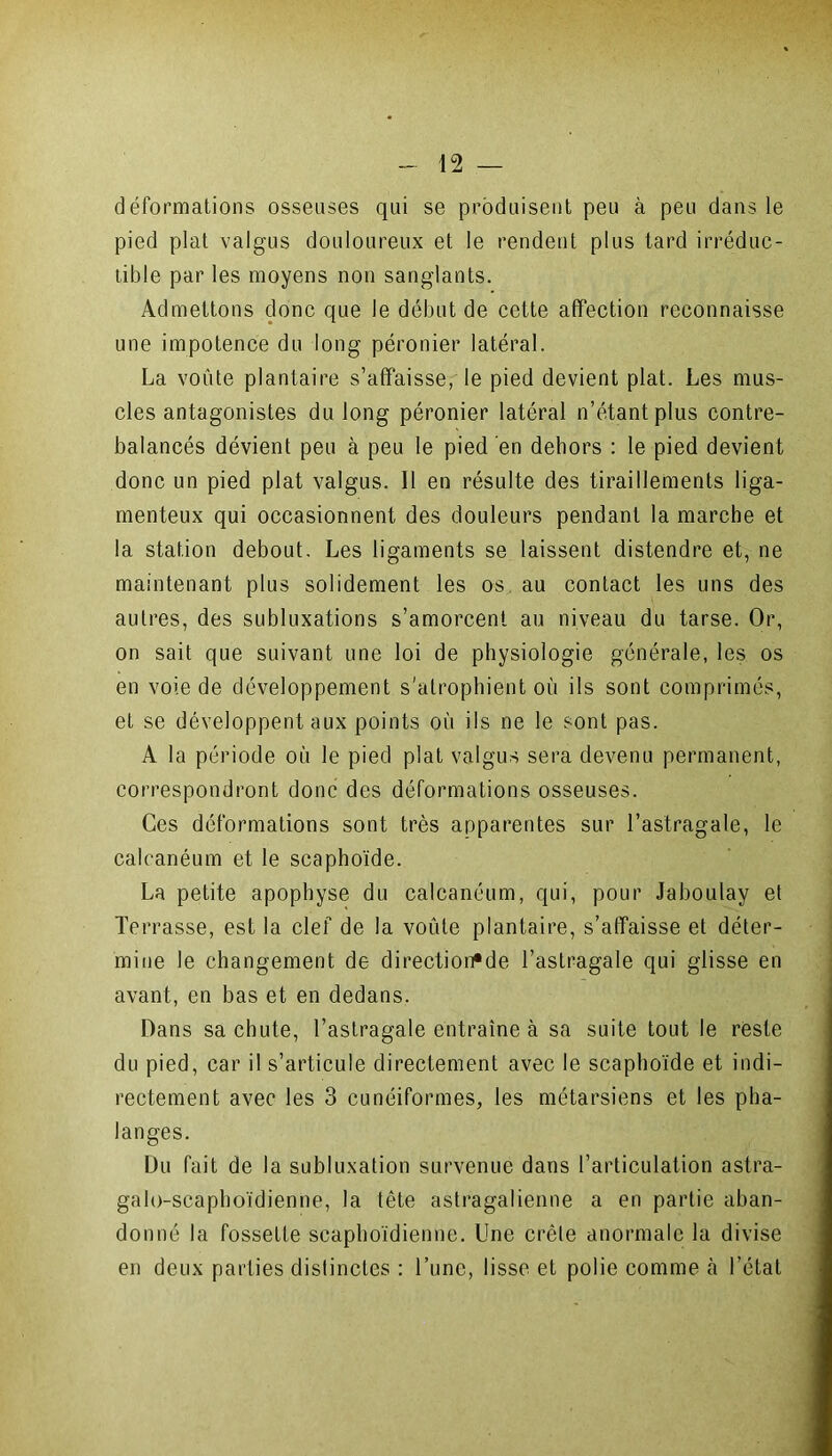 déformations osseuses qui se produisent peu à peu dans le pied plat valgus douloureux et le rendent plus tard irréduc- tible par les moyens non sanglants. Admettons donc que le début de cette affection reconnaisse une impotence du long péronier latéral. La voûte plantaire s’affaisse, le pied devient plat. Les mus- cles antagonistes du long péronier latéral n’étant plus contre- balancés dévient peu à peu le pied en dehors : le pied devient donc un pied plat valgus. 11 en résulte des tiraillements liga- menteux qui occasionnent des douleurs pendant la marche et la station debout. Les ligaments se laissent distendre et, ne maintenant plus solidement les os au contact les uns des autres, des subluxations s’amorcent au niveau du tarse. Or, on sait que suivant une loi de physiologie générale, les os en voie de développement s'atrophient où ils sont comprimés, et se développent aux points où ils ne le sont pas. A la période où le pied plat valgus sera devenu permanent, correspondront donc des déformations osseuses. Ces déformations sont très apparentes sur l’astragale, le calcanéum et le scaphoïde. La petite apophyse du calcanéum, qui, pour Jaboulay et Terrasse, est la clef de la voûte plantaire, s’affaisse et déter- mine le changement de direction*de l’astragale qui glisse en avant, en bas et en dedans. Dans sa chute, l’astragale entraîne à sa suite tout le reste du pied, car il s’articule directement avec le scaphoïde et indi- rectement avec les 3 cunéiformes, les métarsiens et les pha- langes. Du fait de la subluxation survenue dans l’articulation astra- galo-scapboïdienne, la tête astragalienne a en partie aban- donné la fossette scaphoïdienne. Une crête anormale la divise en deux parties distinctes : l’une, lisse et polie comme il l’état