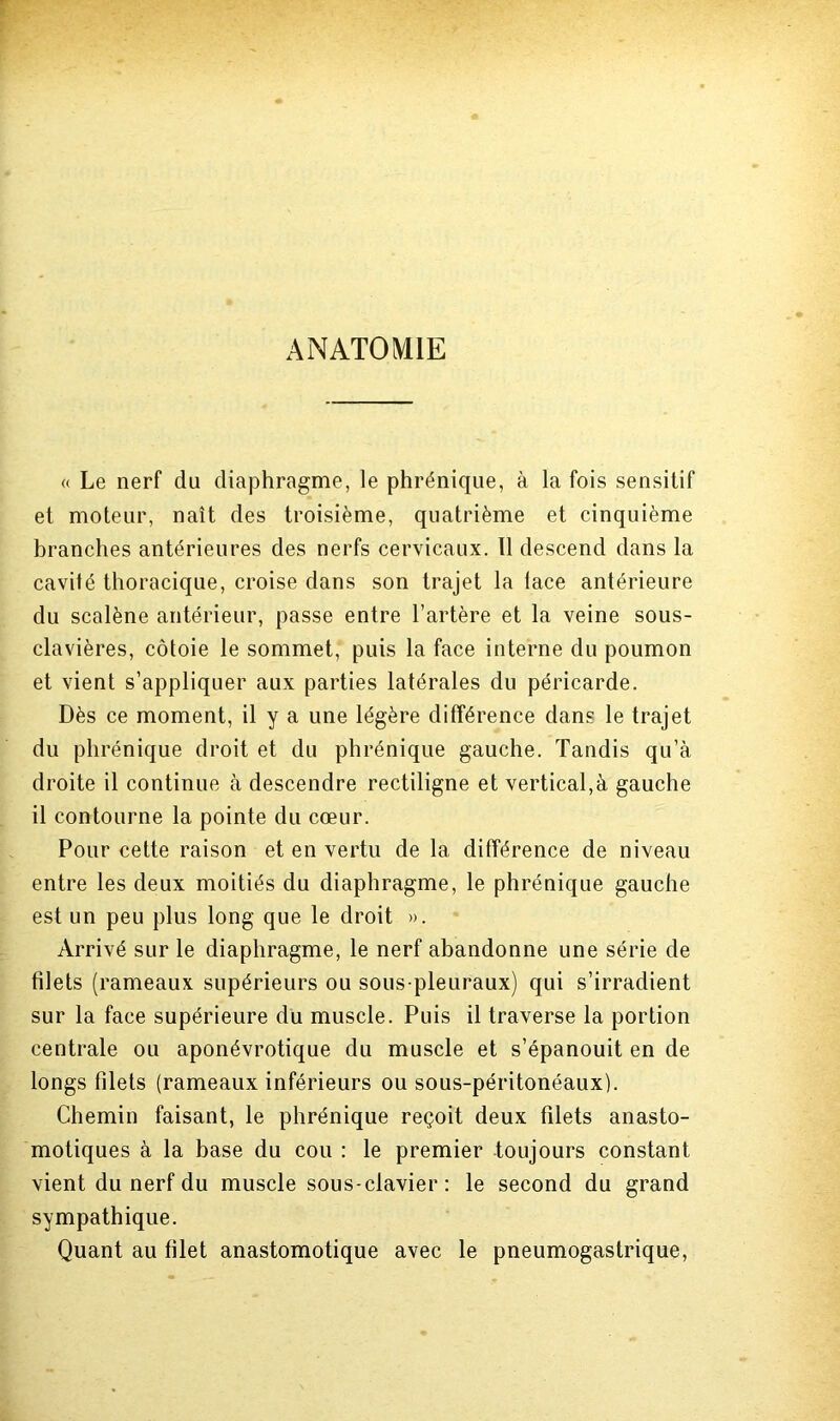 ANATOMIE « Le nerf du diaphragme, le phrénique, à la fois sensitif et moteur, naît des troisième, quatrième et cinquième branches antérieures des nerfs cervicaux. Il descend dans la cavité thoracique, croise dans son trajet la lace antérieure du scalène antérieur, passe entre l’artère et la veine sous- clavières, côtoie le sommet, puis la face interne du poumon et vient s’appliquer aux parties latérales du péricarde. Dès ce moment, il y a une légère différence dans le trajet du phrénique droit et du phrénique gauche. Tandis qu’à droite il continue à descendre rectiligne et vertical,à gauche il contourne la pointe du cœur. Pour cette raison et en vertu de la différence de niveau entre les deux moitiés du diaphragme, le phrénique gauche est un peu plus long que le droit ». Arrivé sur le diaphragme, le nerf abandonne une série de filets (rameaux supérieurs ou sous-pleuraux) qui s’irradient sur la face supérieure du muscle. Puis il traverse la portion centrale ou aponévrotique du muscle et s’épanouit en de longs filets (rameaux inférieurs ou sous-péritonéaux). Chemin faisant, le phrénique reçoit deux filets anasto- motiques à la base du cou : le premier toujours constant vient du nerf du muscle sous-clavier: le second du grand sympathique. Quant au filet anastomotique avec le pneumogastrique,