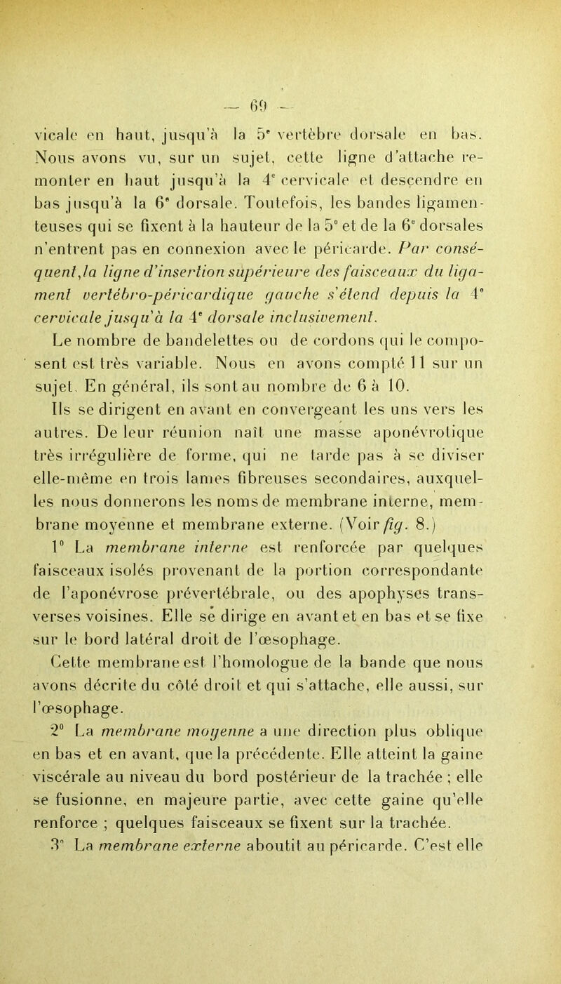 — 60 vicale en haut, jusqu’à la 5* vertèbre dorsale en bas. Nous avons vu, sur un sujet, cette ligne d’attache re- monter en haut jusqu’à la 4e cervicale et descendre en bas jusqu’à la 6’ dorsale. Toutefois, les bandes ligamen- teuses qui se fixent à la hauteur de la 5e et de la 6e dorsales n’entrent pas en connexion avec le péricarde. Par consé- quent, la ligne cl’insertion supérieure des faisceaux du liga- ment vertébro-péricardique gauche s'étend depuis la 4° cervicale jusqu à la 4* dorsale inclusivement. Le nombre de bandelettes ou de cordons qui le compo- sent est très variable. Nous en avons compté 11 sur un sujet En général, ils sont au nombre de 6 à 10. Ils se dirigent en avant en convergeant les uns vers les autres. De leur réunion naît une masse aponévrotique très irrégulière de forme, qui ne tarde pas à se diviser elle-même en trois lames fibreuses secondaires, auxquel- les nous donnerons les noms de membrane interne, mem- brane moyenne et membrane externe. (Voir/zt/. 8.) 1° La membrane interne est renforcée par quelques faisceaux isolés provenant de la portion correspondante de l’aponévrose prévertébrale, ou des apophyses trans- verses voisines. Elle se dirige en avant et en bas et se fixe sur le bord latéral droit de l’œsophage. Cette membrane est l’homologue de la bande que nous avons décrite du côté droit et qui s’attache, elle aussi, sur l’œsophage. 2° La membrane moyenne a une direction plus oblique en bas et en avant, que la précédente. Elle atteint la gaine viscérale au niveau du bord postérieur de la trachée ; elle se fusionne, en majeure partie, avec cette gaine qu’elle renforce ; quelques faisceaux se fixent sur la trachée. 3° La membrane externe aboutit au péricarde. C’est elle