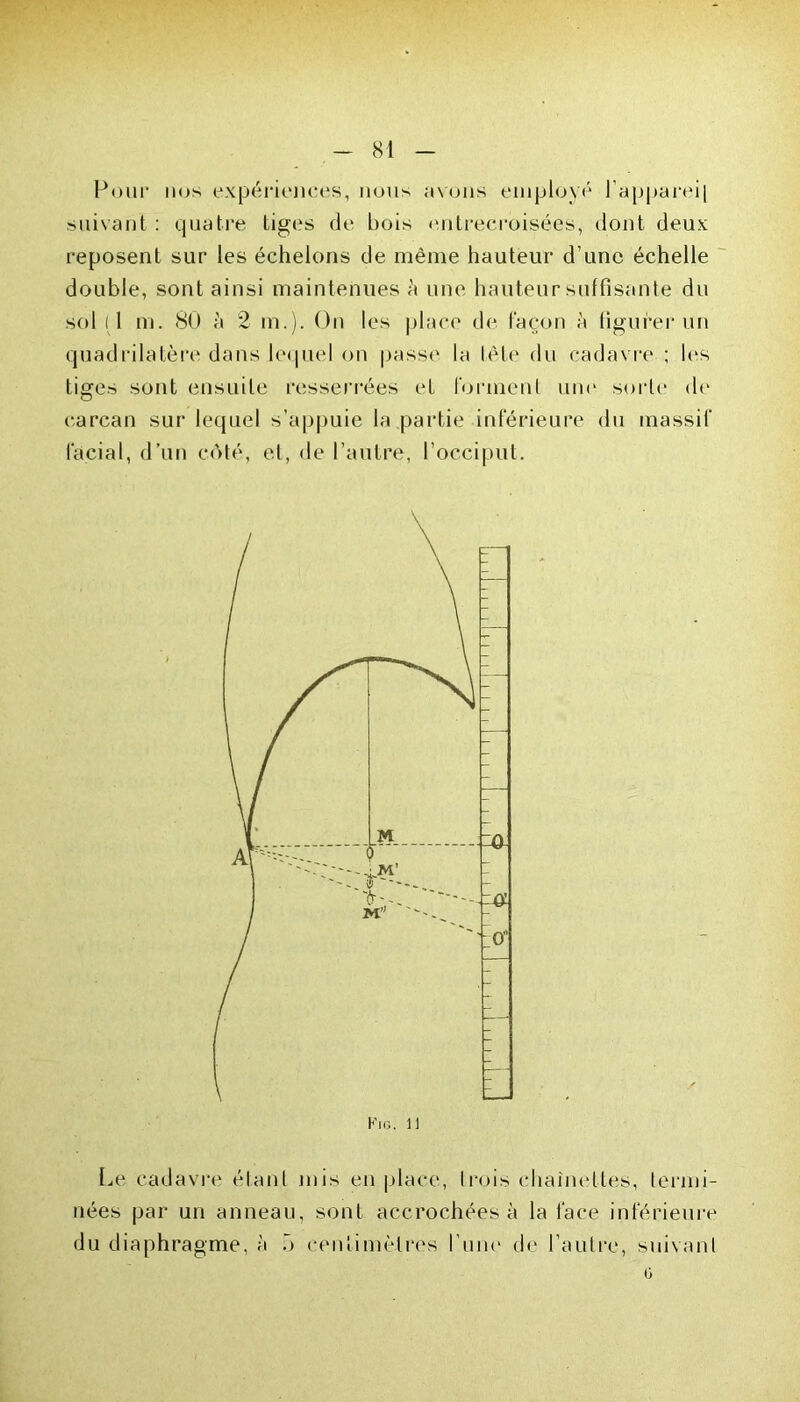 81 Pour nos expériences, nous avons employé l’appareil suivant : quatre Liges de bois entrecroisées, dont deux reposent sur les échelons de même hauteur d’une échelle double, sont ainsi maintenues à une hauteur suffisante du sol i l m. 80 à 2 in.). On les place de façon à figurer un quadrilatère dans lequel on passe la tête du cadavre ; les tiges sont ensuite resserrées et forment une sorte de carcan sur lequel s’appuie la partie inférieure du massif facial, d’un côté, et, de l’autre, l’occiput. Le cadavre étant mis en place, trois chaînettes, termi- nées par un anneau, sont accrochées à la face inférieure