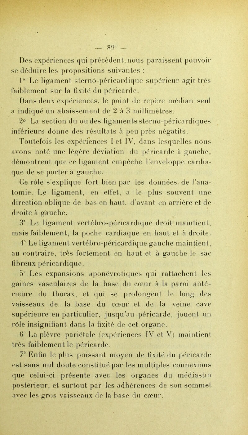 Des expériences qui précèdent, nous paraissent pouvoir se déduire les propositions suivantes : 1° Le ligament sterno-péricardique supérieur agit très faiblement sur la fixité du péricarde. Dans deux expériences, le point de repère médian seul a indiqué un abaissement de 2 à 3 millimètres. 2° La section du ou des ligaments sterno-péricardiques inférieurs donne des résultats à peu près négatifs. Toutefois les expériences 1 et IV, dans lesquelles nous avons noté une légère déviation du péricarde à gauche, démontrent que ce ligament empêche l’enveloppe cardia- que de se porter à gauche. Le rôle s’explique fort bien par les données de l’ana- tomie. Le ligament, en effet-, a le plus souvent une direction oblique de bas en haut, d’avant en arrière et de droite à gauche. 3° Le ligament vertébro-péricardique droit maintient, mais faiblement, la poche cardiaque en haut et à droite. 4° Le ligament vertébro-péricardique gauche maintient, au contraire, très fortement en haut et à gauche le sac tibreux péricardique. 5° Les expansions aponévrotiques qui rattachent les gaines vasculaires de la base du cœur à la paroi anté- rieure du thorax, et qui se prolongent le long des vaisseaux de la base du cœur et de la veine cave supérieure en particulier, jusqu’au péricarde, jouent un rôle insignifiant dans la fixité de cet organe. 6 La plèvre pariétale (expériences IV et V) maintient très faiblement le péricarde. 7° Enfin le plus puissant moyen de fixité du péricarde est sans nul doute constitué par les multiples connexions que celui-ci présente avec les organes du médiastin postérieur, et surtout par les adhérences de son sommet avec les gros vaisseaux de la base du cœur.