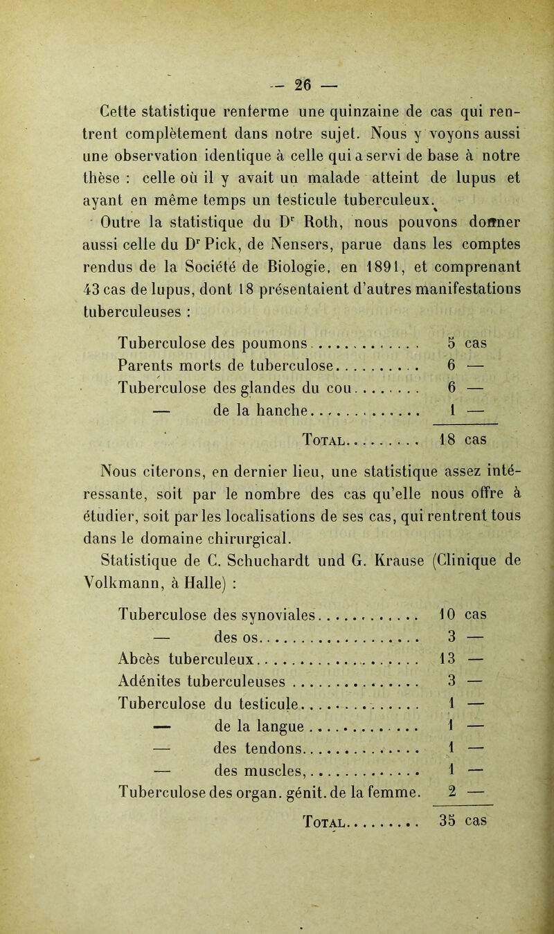 Cette statistique renferme une quinzaine de cas qui ren- trent complètement dans notre sujet. Nous y voyons aussi une observation identique à celle qui a servi de base à notre thèse : celle où il y avait un malade atteint de lupus et ayant en même temps un testicule tuberculeux.^ Outre la statistique du D‘‘ Roth, nous pouvons doffner aussi celle du D Pick, de Nensers, parue dans les comptes rendus de la Société de Biologie, en 1891, et comprenant 43 cas de lupus, dont 18 présentaient d’autres manifestations tuberculeuses : Tuberculose des poumons 5 cas Parents morts de tuberculose 6 — Tuberculose des glandes du cou 6 — — de la hanche 1 — Total 18 cas Nous citerons, en dernier lieu, une statistique assez inté- ressante, soit par le nombre des cas qu’elle nous offre à étudier, soit parles localisations de ses cas, qui rentrent tous dans le domaine chirurgical. Statistique de C. Schuchardt und G. Krause (Clinique de Volkmann, à Halle) : Tuberculose des synoviales 10 cas — des os 3 — Abcès tuberculeux 13 — Adénites tuberculeuses 3 — Tuberculose du testicule 1 — — de la langue 1 — — des tendons 1 — — des muscles, 1 — Tuberculose des organ. génit. de la femme. 2 —