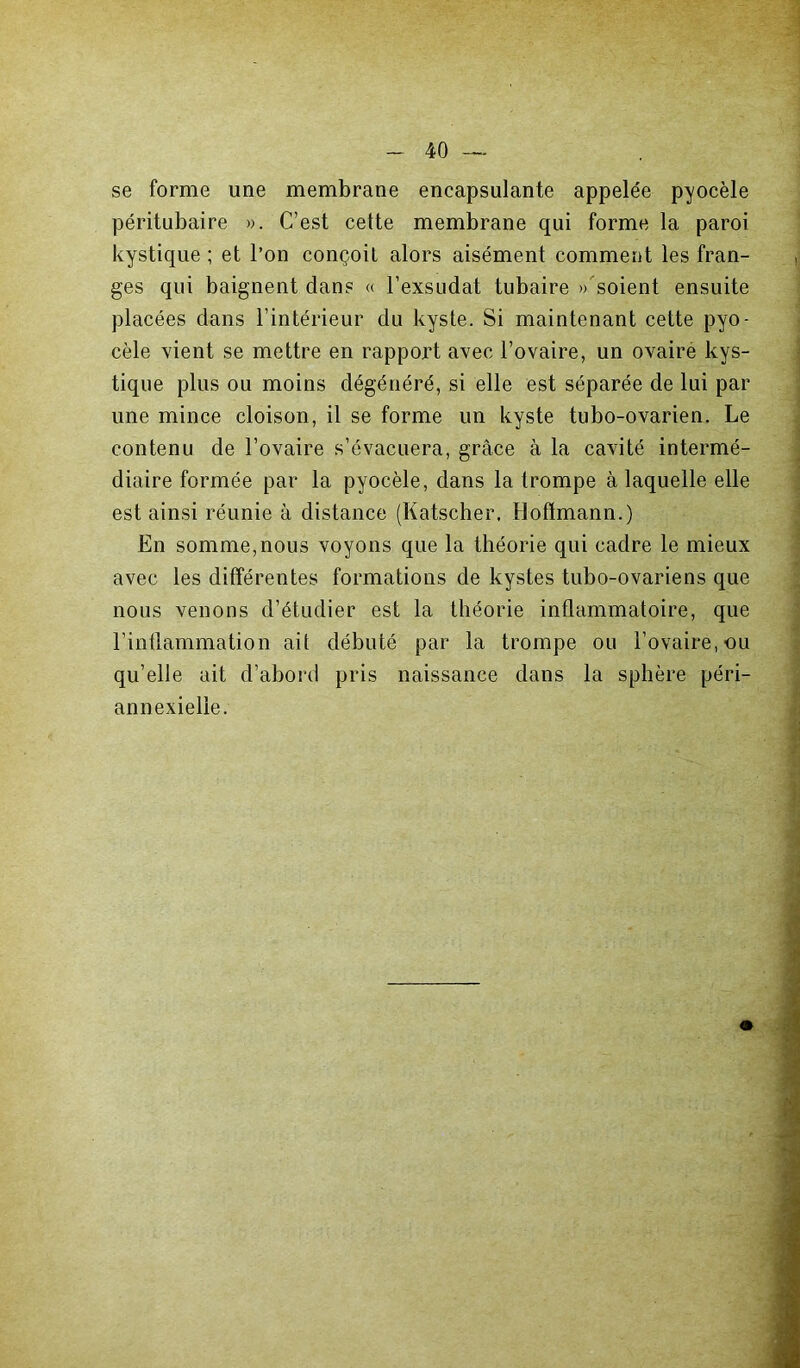 se forme une membrane encapsulante appelée pyocèle péritubaire ». C’est cette membrane qui forme la paroi kystique ; et l’on conçoit alors aisément comment les fran- ges qui baignent clans « l’exsudât tubaire » soient ensuite placées dans l’intérieur du kyste. Si maintenant cette pyo- cèle vient se mettre en rapport avec l’ovaire, un ovaire kys- tique plus ou moins dégénéré, si elle est séparée de lui par une mince cloison, il se forme un kyste tubo-ovarien. Le contenu de l’ovaire s’évacuera, grâce à la cavité intermé- diaire formée par la pyocèle, dans la trompe à laquelle elle est ainsi réunie à distance (Katscher, Hoffmann.) En somme,nous voyons que la théorie qui cadre le mieux avec les différentes formations de kystes tubo-ovariens que nous venons d’étuclier est la théorie inflammatoire, que l’inflammation ait débuté par la trompe ou l’ovaire, ou qu’elle ait d’abord pris naissance dans la sphère péri- annexielie.