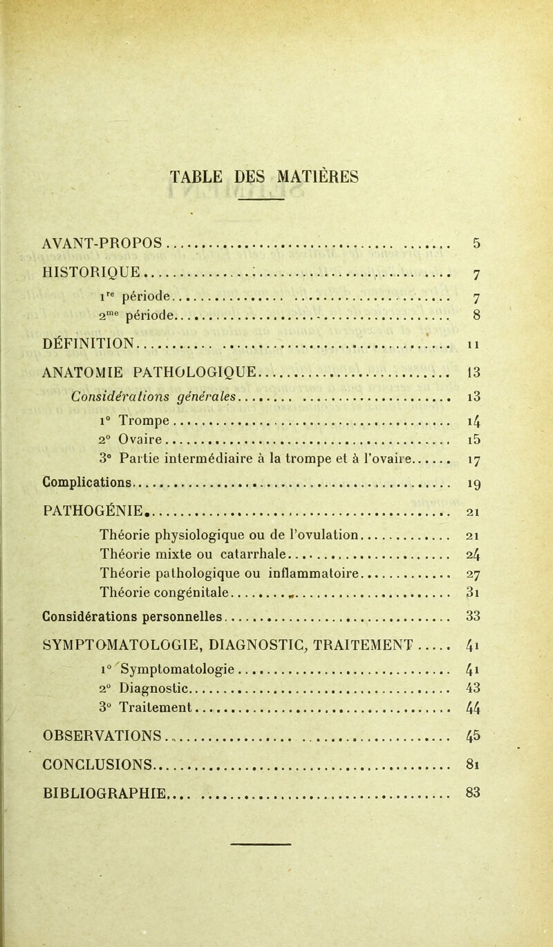 TABLE DES MATIÈRES AVANT-PROPOS 5 HISTORIQUE : 7 ire période 7 2me période 8 DÉFINITION 11 ANATOMIE PATHOLOGIQUE 13 Considérations générales i3 i° Trompe i4 20 Ovaire i5 3° Partie intermédiaire à la trompe et à l’ovaire 17 Complications 19 PATHOGÉNIE. 21 Théorie physiologique ou de l’ovulation 21 Théorie mixte ou catarrhale 24 Théorie pathologique ou inflammatoire 27 Théorie congénitale 3i Considérations personnelles 33 SYMPTOMATOLOGIE, DIAGNOSTIC, TRAITEMENT 4i i° Symptomatologie 41 20 Diagnostic 43 3° Traitement 44 OBSERVATIONS 45 CONCLUSIONS 81 BIBLIOGRAPHIE 83