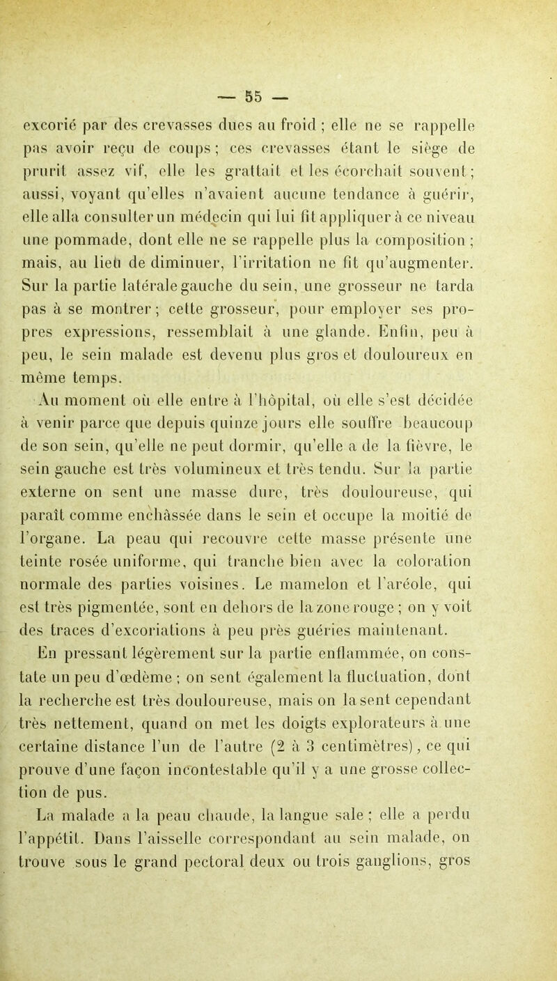 excorié par des crevasses dues au froid ; elle ne se rappelle pas avoir reçu de coups ; ces crevasses étant le siège de prurit assez vif, elle les grattait et les écorchait souvent ; aussi, voyant qu’elles n’avaient aucune tendance à guérir, elle alla consulter un médecin qui lui fit appliquer à ce niveau une pommade, dont elle ne se rappelle plus la composition ; mais, au lieti de diminuer, l’irritation ne fit qu’augmenter. Sur la partie latérale gauche du sein, une grosseur ne tarda pas à se montrer; cette grosseur, pour employer ses pro- pres expressions, ressemblait à une glande. Enfin, peu à peu, le sein malade est devenu plus gros et douloureux en même temps. Au moment où elle entre à l’hôpital, oii elle s’est décidée à venir parce que depuis quinze jours elle souffre beaucoup de son sein, qu’elle ne peut dormir, qu’elle a de la fièvre, le sein gauche est très volumineux et très tendu. Sur la partie externe on sent une masse dure, très douloureuse, qui paraît comme enchâssée dans le sein et occupe la moitié de l’organe. La peau qui recouvre cette masse présente une teinte rosée uniforme, qui tranche bien avec la coloration normale des parties voisines. Le mamelon et l’aréole, qui est très pigmentée, sont en dehors de la zone rouge ; on y voit des traces d’excoriations à peu près guéries maintenant. En pressant légèrement sur la partie enflammée, on cons- tate un peu d’œdème ; on sent également la fluctuation, dont la recherche est très douloureuse, mais on la sent cependant très nettement, quand on met les doigts explorateurs à une certaine distance l’un de l’autre (2 à 3 centimètres), ce qui prouve d’une façon incontestable qu’il y a une grosse collec- tion de pus. La malade a la peau chaude, la langue sale; elle a perdu 1 appétit. Dans l’aisselle correspondant au sein malade, on trouve sous le grand pectoral deux ou trois ganglions, gros