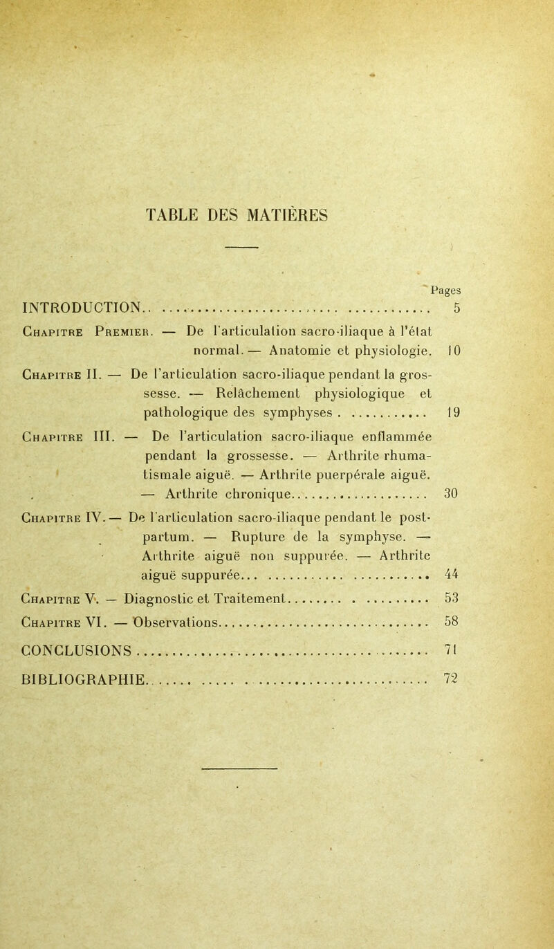 TABLE DES MATIÈRES Pages INTRODUCTION 5 Chapitre Premier. — De l'articulation sacro-iliaque à l’état normal.— Anatomie et physiologie. 10 Chapitre II. — De l’articulation sacro-iliaque pendant la gros- sesse. — Relâchement physiologique et pathologique des symphyses 19 Chapitre III. — De l’articulation sacro-iliaque enflammée pendant la grossesse. — Arthrite rhuma- tismale aiguë. — Arthrite puerpérale aiguë. — Arthrite chronique 30 Chapitre IV.— De l'articulation sacro-iliaque pendant le post- partum. — Rupture de la symphyse. — Arthrite aiguë non suppurée. — Arthrite aiguë suppurée 44 Chapitre V. — Diagnostic et Traitement 53 Chapitre VI. — Observations 58 CONCLUSIONS 71 BIBLIOGRAPHIE 72