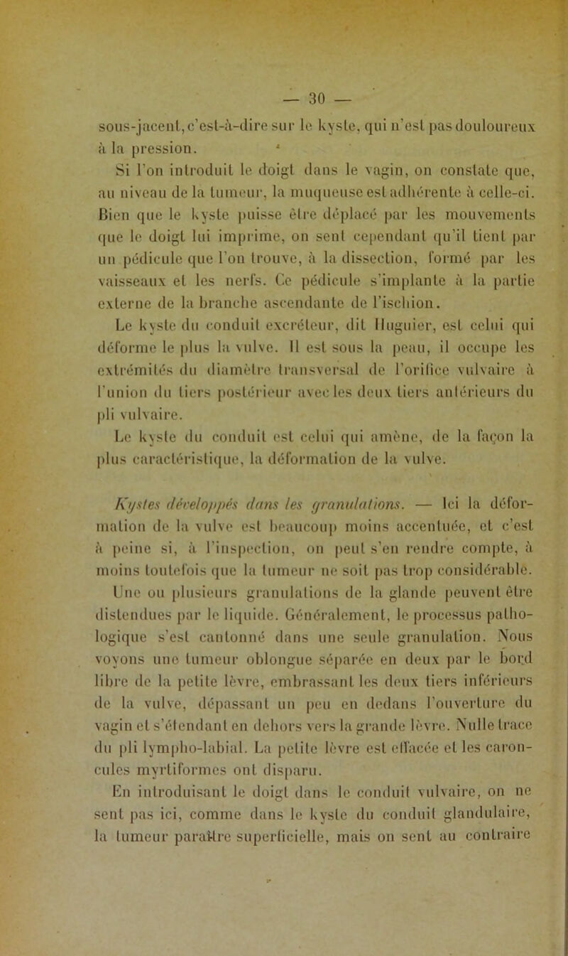 sous- jacent, c’esl-à-dire sur le kyste, qui u’est pas douloureux à la pression. ‘ Si l’on introduit le doigt dans le vagin, on constate que, au niveau de la tumeur, la muqueuse est adhérente à celle-ci. Bien que le kyste puisse èire tléphicé par les mouvements (pie le doigt lui imprime, on seul cependant (pi’il tient par im pédicule que l’on trouve, à la dissection, lormé par les vaisseaux et les nerfs. Ce pédicule s’implante à la partie externe de la branche ascendante de l’ischion. Le k\sle du conduit excréleui’, dit Iluguier, est celui qui déforme le plus la \ulve. 11 est sous la peau, il occu|)e les extrémités du diamèlre li’ausversal de l’orilice vulvaire à runion du tiers postérieur avec les deux tiers aulérieurs du jili vulvaire. Le kyste du conduit est celui (pii amène, de la fa(;on la |)lus caractéi‘i.sli(pie, la délbnnatiou de la \ulve. f\ i/sfes ilérelo/tpés dans les granulations. — Ici la défor- mation de la vulve est beaucoup moins accenluée, et c’est à jieiue si, à l’insp(‘ctiou, on peut s’en i-endre comjite, à moins toutefois (pie la tumeur ne soit pas trop considérable. Une ou [dusieurs granulalious de la glande peuvent être distendues par le liquide. Généralement, le |)rocessus patho- logique s’est cantonné dans une seule granulation. .Nous voyons une tumeur oblongue séparée en deux par le bord libre de la petite lèvre, embrassant les deux tiers inférieurs de la vulve, dépassant un peu en dedans l’ouverture du vagin et s’étendant en debors vers la grande lèvn>. Nulle trace du pli lympbo-hibial. La petite lèvre est elfacée et les caron- cules myrtiformes ont disparu. Lu introduisant le doigt dans le conduit vulvaire, on ne sent pas ici, comme dans le kyste du conduit glandulaire, la tumeur paraître superticielle, mais on sent au contraire >•