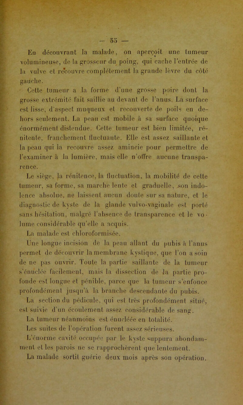 En découvrant la malade, on aperçoit une tumeur volumineuse, de la grosseur du poing, qui cache l’entrée de la vulve et recouvre complètement la grande lèvre du côté gauche. • Cette tumeur a la forme d’une grosse poire dont la grosse extrémité fait saillie au devant de l’anus. La surface est lisse, d’aspect muqueux et recouverte de poils en de- hors seulement. La peau est mobile à sa surface quoique énormément distendue. Cette tumeur est bien limitée, ré- nitenle, franchement fluctuante. Elle est assez saillante et la peau qui la recouvre assez amincie pour permettre de l’examiner à la lumière, mais elle n’offre aucune transpa- rence. Le siège, la rénitence, la fluctuation, la mobilité de cette tumeur, sa forme, sa mandie lente et graduelle, ,son indo- lence absolue, ne laissent aucun doute sur sa nature, et le diagnostic de kyste de la glande vulvo-vaginale est porté sans hésitation, malgré l’absence de transparence et le vo- lume considérable qu’elle a acquis. La malade est chloroformisée. Une longue incision de la peau allant du pubis à l’anus permet de découvrir la membrane kystique, que l’on a soin de ne pas ouvrir. Toute la partie saillante de la tumeur s’énucléc facilement, mais la dissection de ia partie pro- fonde est longue et pénible, parce que la tumeur s’enfonce profondément jusqu’à la branche descendante du pubis. La section du pédicule, qui est très profondément situé, est suivie d’un écoulement assez considérable de sang. La tumeur néanmoins est énucléée en totalité. Les suites de l’opération furent assez sérieuses. L’énorme cavité ücciq)éc |)ar le kyste suppura aboudani- uient et les parois ne se rapprochèrent que lentement. La malade sortit guérie deux mois après son opération.