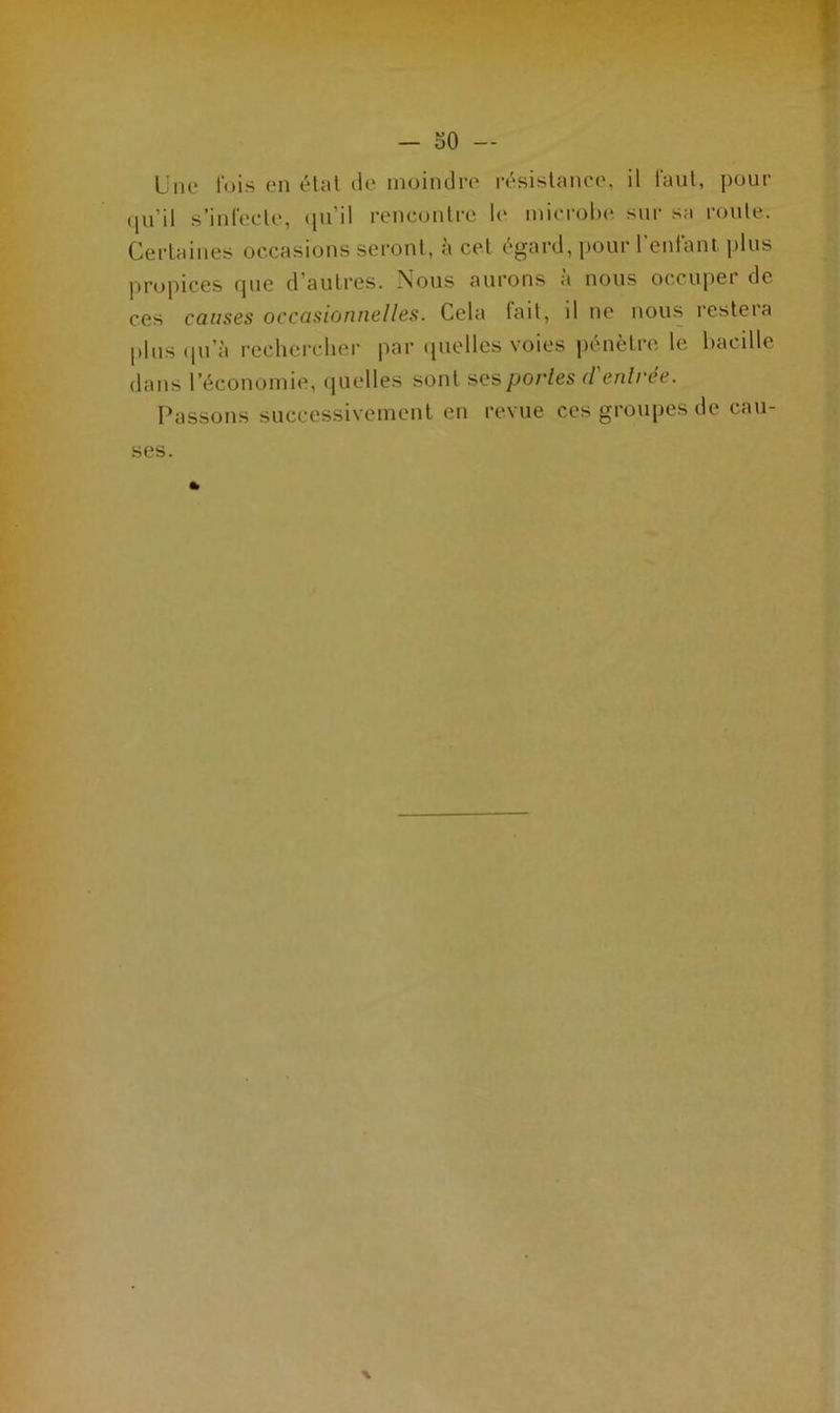Une fois en état de moindre résistance, il faut, pour qu’il s’infecte, qu’il rencontre le microbe sur sa route. Certaines occasions seront, à cet égard, pour l’enfant plus propices que d autres. Nous aurons a nous occuper de ces causes occasionnelles. Cela tait, il ne nous îcstcia plus qu’à rechercher par quelles voies pénètre le bacille dans l’économie, quelles sont ses portes cl'enlrée. Passons successivement en revue ces groupes de cau- ses. \