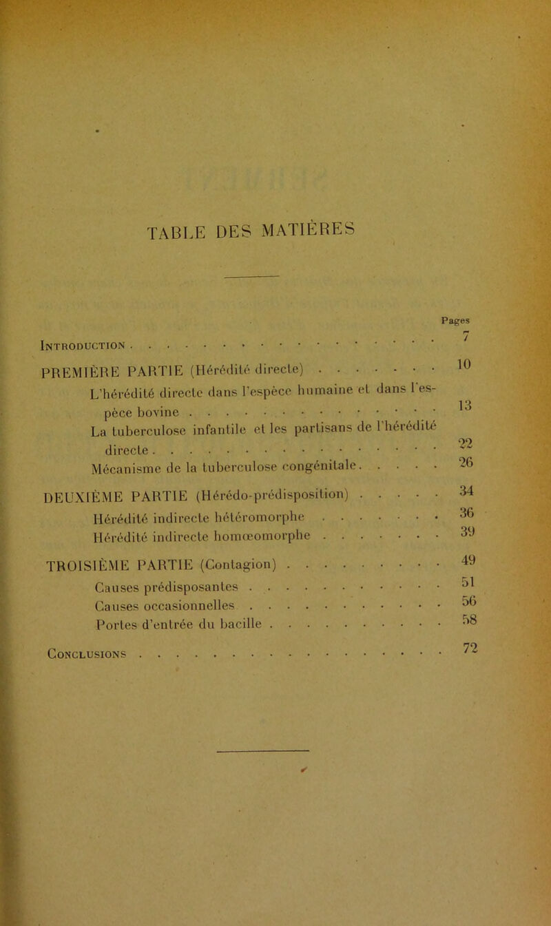 TABLE DES MATIÈRES Introduction PREMIÈRE PARTIE (Hérédité direcle) L’hérédité directe dans l’espèce humaine et dans l'es- pèce bovine La tuberculose infantile et les partisans de 1 heredih directe Mécanisme de la tuberculose congénitale. . . . DEUXIÈME PARTIE (Hérédo-prédisposition) .... Hérédité indirecte hétéromorphe Hérédité indirecte homœomorphe TROISIÈME PARTIE (Contagion) Causes prédisposantes Causes occasionnelles Portes d’entrée du bacille Conclusions