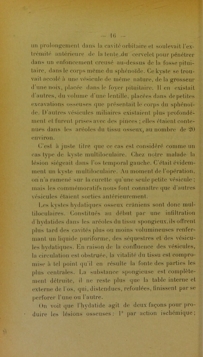 I(i uii [)i-üli)ngcim‘iil (Iniis la ravilô oi-hitaiiv et soulevait l’ex- tréiHit(* antérieure de la lente.du cervelet pour pénétrer dans un enfonceinenl creu.sé au-dessus de la fosse jutui- taire, dans le coi’ps inéinc du s|)hénoïde. Ce kyste se trou- vait accolé à une vésicule de même natiiia*, de la grosseur d’une noix, |)lacée dans !(> l’oyer pituitaiiv. 11 en (‘xistail d’autres, du volume d’une lentille, |)lacées dans de petites «“xcavalions osseuses (pie jirésentail 1(‘ corps du sphénoï- de. D’autres vésicules iniliairc's existaicmt plus profondé- ment et furent |)risesavee des pinces ; (dies élaiiml conte- nues dans les ai’éolesdu tissu osseux, au uomhre de 'iO environ. C-’est à juste titre ipie cocas est considéré comme un cas type di; kyste multiloculaire, ('liez notre malade la lési(jii siégeait dans l’os temporal gauche. C’était évidem- ment un kyste multiloculaire. Au moment de l’opération, on n’a ranuMié sur laeiiiadle (pi’une seule petite vésicule; mais les e(miuiémoratifs nous font eonnaîtia'(jue d’autres vésicules étaient sorties antérieurement. L(‘s kystes hydaliipies osseux crïïniens sont donc mul- tiloculaires. Conslilués au déhiil par une inliltration d’hvdalides dans les aréoles du tissu spongieux,ils onreiil plus lard d(‘s cavités plus ou moins volumineuses renfer- mant un li(|iii(h‘ pnriforme, des sécpieslres et des vésicu- les hydali(pies. hAi raison de la e.onllueiice des vésicules, la eireulalion est obstruée, la vitalité du tissu est compro- niisi' à tel point (ju’il en résulte la fonte des parties les plus centrales. I.,a substance spongieuse est coniplète- nieiil détruite, il ne reste plus tpie la lalile interne et externe de l’os, (jui, distendues, refoulées, linissenl par se perforer rime <3U l’autre. (In voit (pie l’hydalide agit de deux fai;ons pour pro- duire les lésions osseuses: 1° par action ischemitjue ;