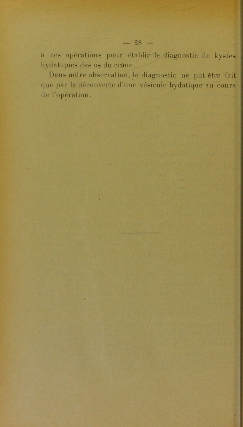 — “28 à fcs opérations |)onr établir k* diagnostic de kystes liydaliijiies des os du crâne. Dans noire observation, le diagnostic ne put être fait rpie par la déconverle d'une vésicule bydali(|uo au cours de l’opération.